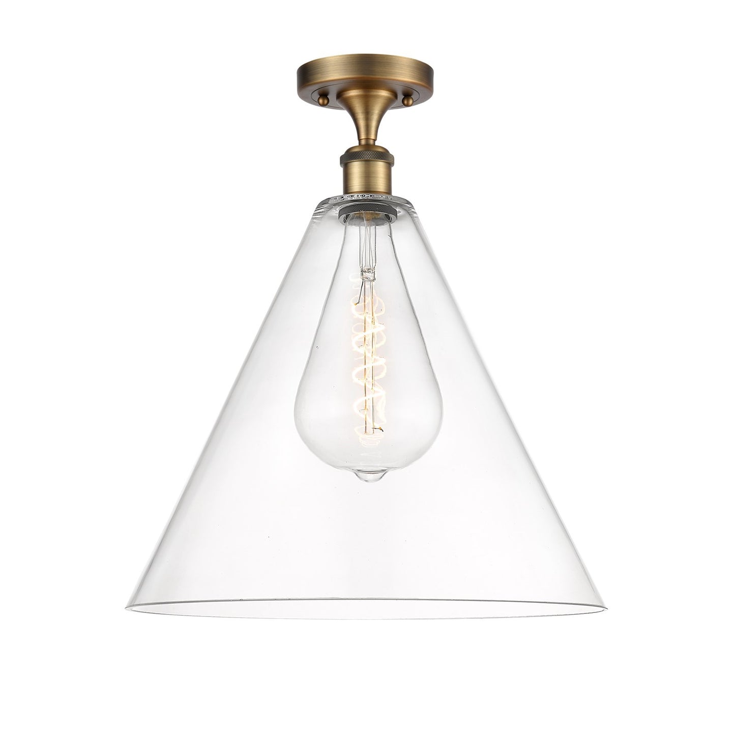 Innovations Berkshire Glass 16in 1-Light Semi-Flush Mount | Industrial Brushed Brass Steel and Clear Cone Glass | Entryway & | Model 616-1F-BB-GBC-162