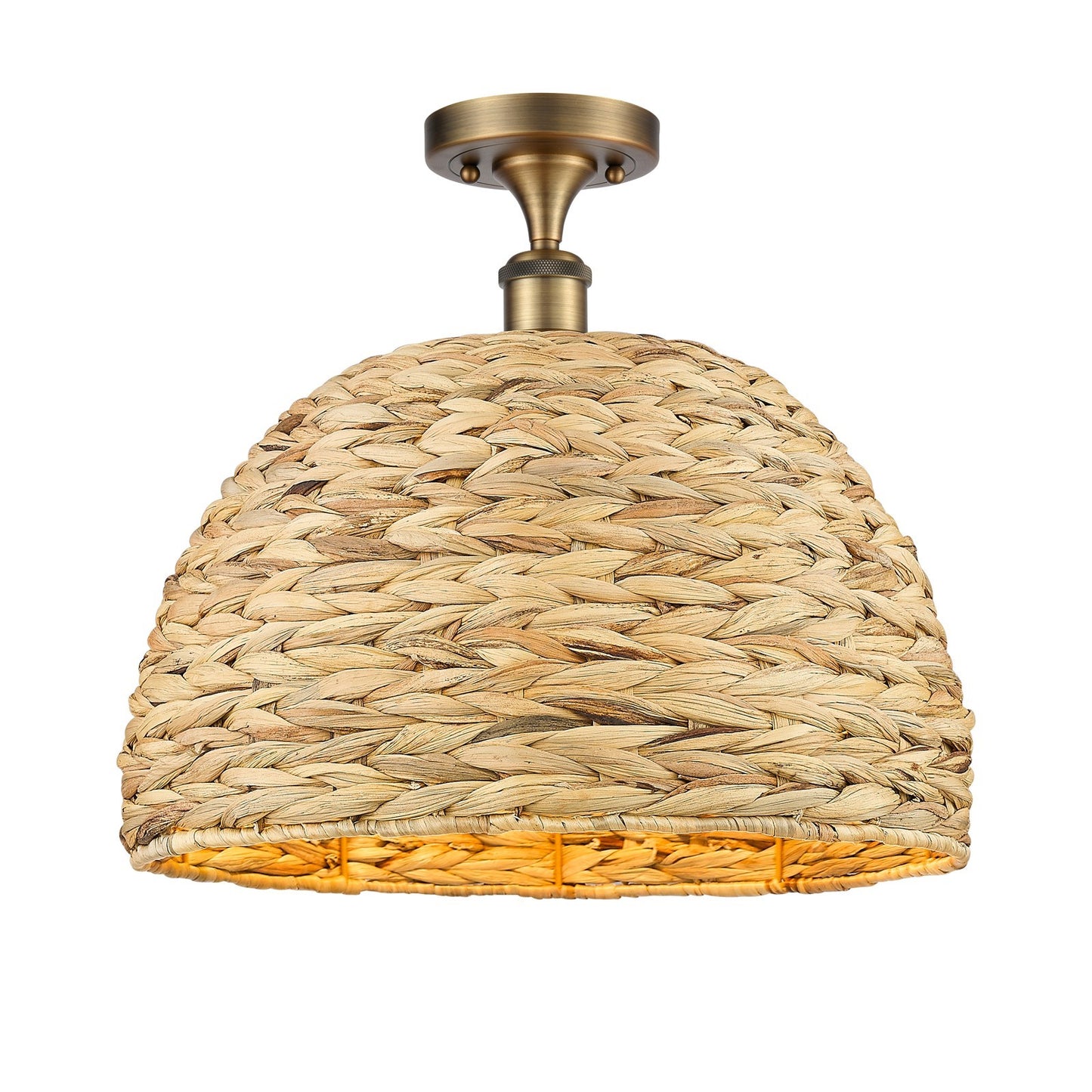 Innovations Woven Rattan 16in 1-Light Semi-Flush Mount | Industrial Brushed Brass Steel and Natural Rattan Shade | Damp-Rated | Model 616-1F-BB-RBD-16-NAT