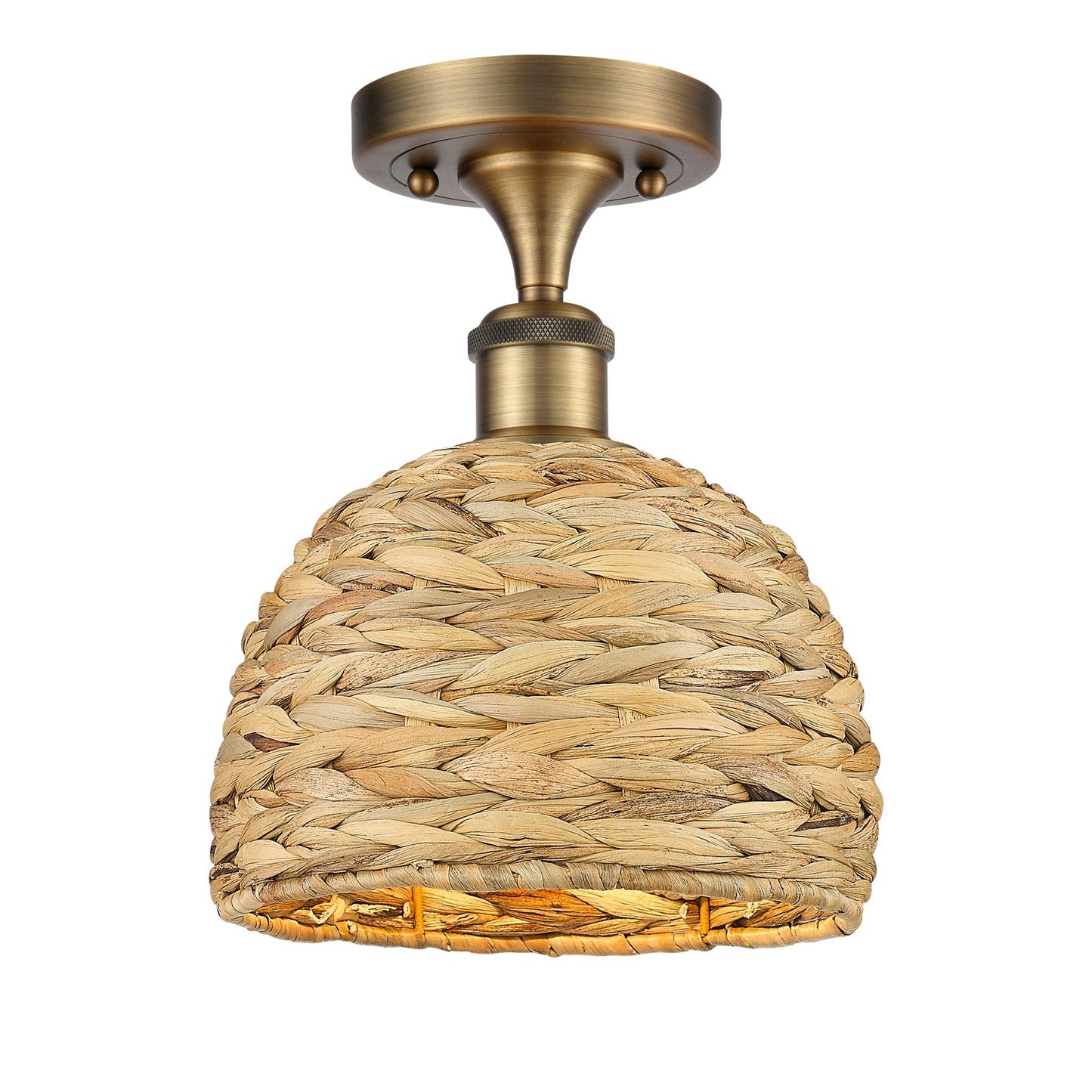 Innovations Woven Rattan 8in 1-Light Semi-Flush Mount | Rustic Farmhouse Brushed Brass and Natural Woven Rattan | Entryway & | Model 616-1F-BB-RBD-8-NAT