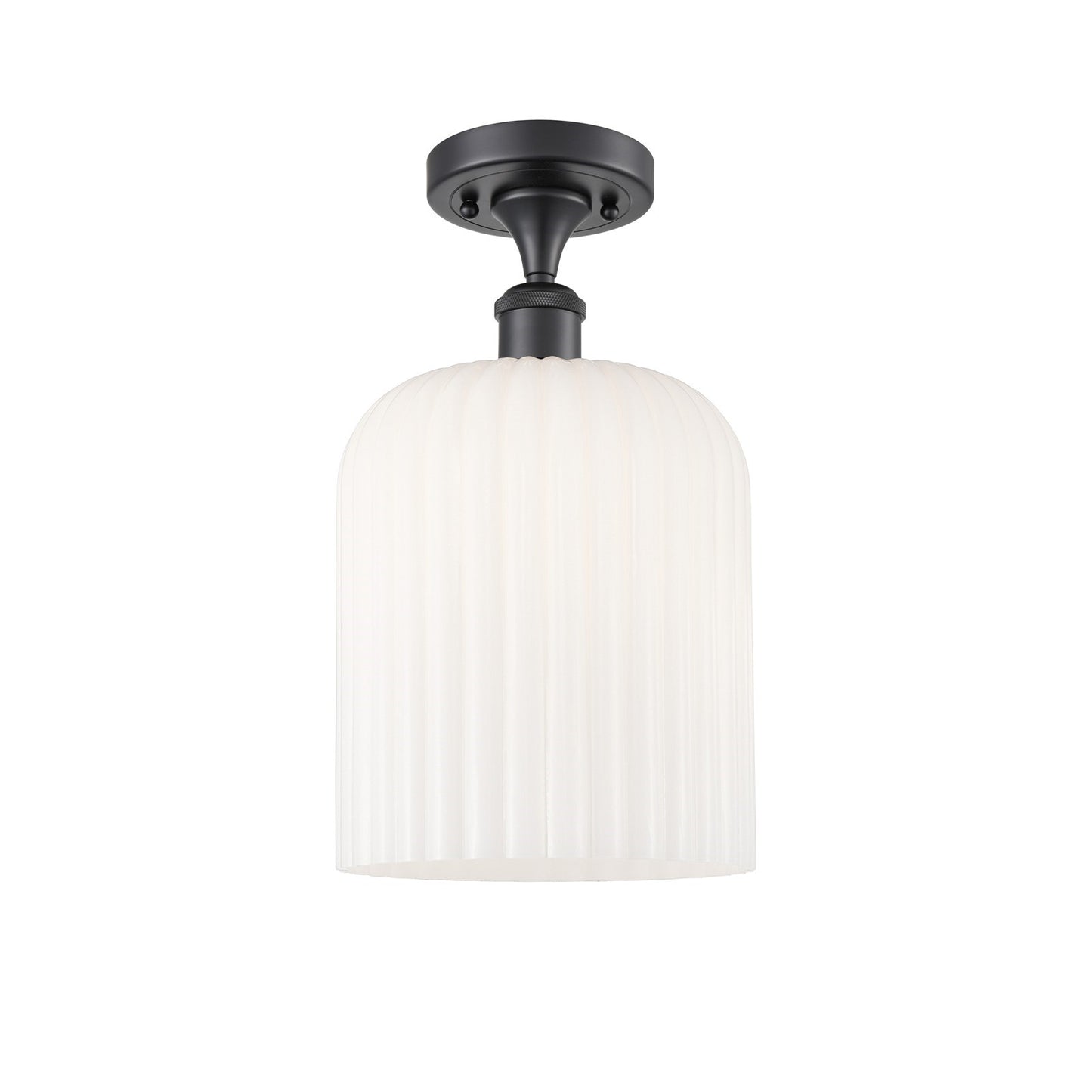 Innovations Bridal Veil 5in 1-Light Semi-Flush Mount | Industrial Matte Black Steel and Gloss White Ribbed Glass | Damp-Rated | Model 616-1F-BK-G559-8GWH