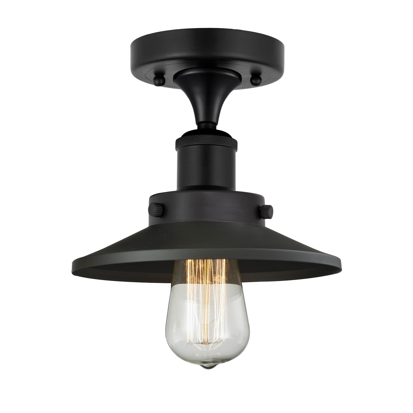 Innovations Railroad 8in 1-Light Semi-Flush Mount | Industrial Matte Black Steel and Cast Brass with Matte Black Metal Cone Shade | Model 616-1F-BK-M6-BK