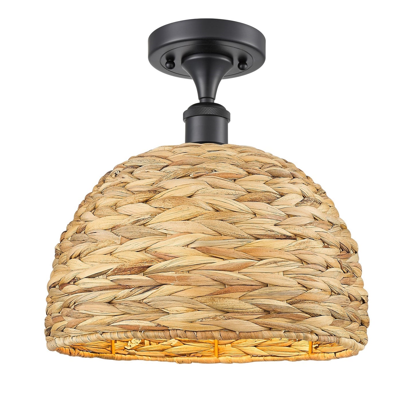 Innovations Woven Rattan 12in 1-Light Semi-Flush | Industrial Matte Black Steel and Natural Fiber Dome Shade | Entryway & | Model 616-1F-BK-RBD-12-NAT