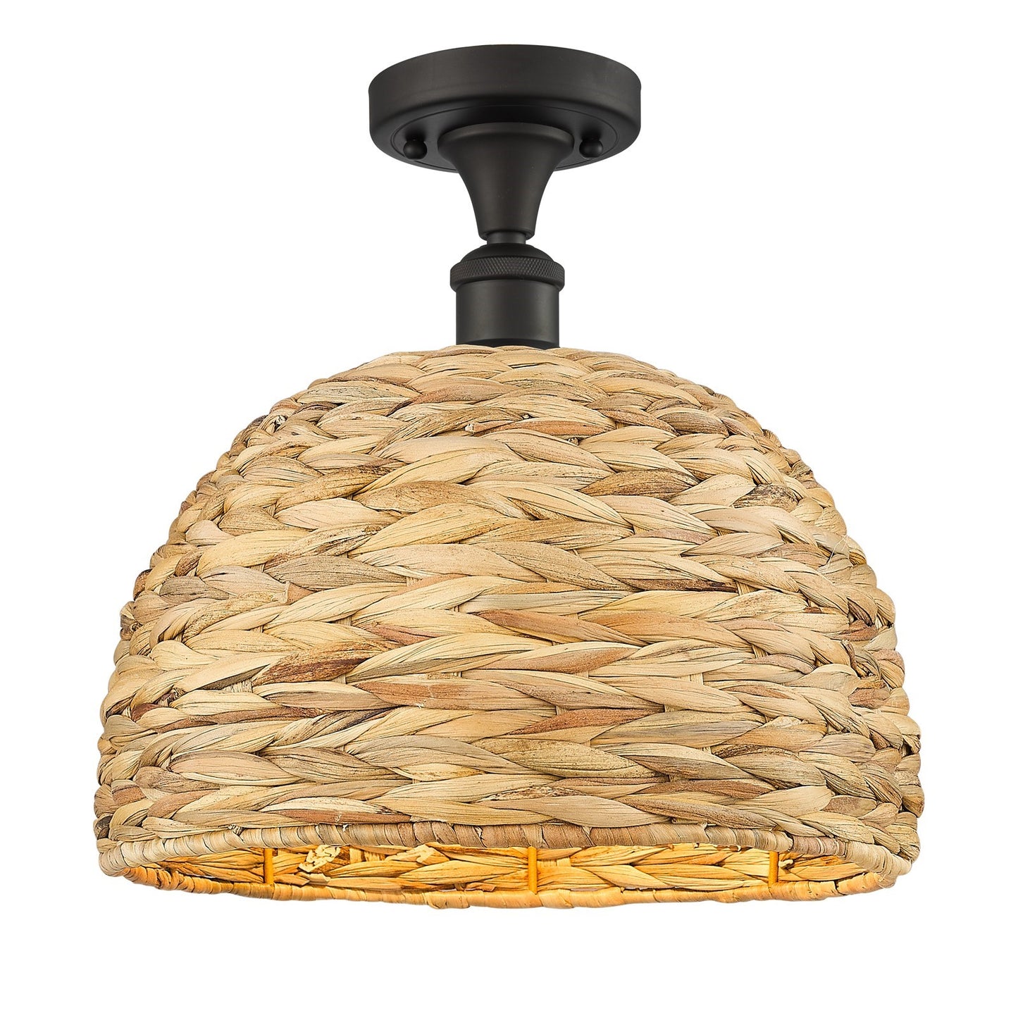 Innovations Woven Rattan 12in 1-Light Semi-Flush Mount | Industrial Oil Rubbed Bronze Steel and Natural Fiber Dome Shade | Model 616-1F-OB-RBD-12-NAT