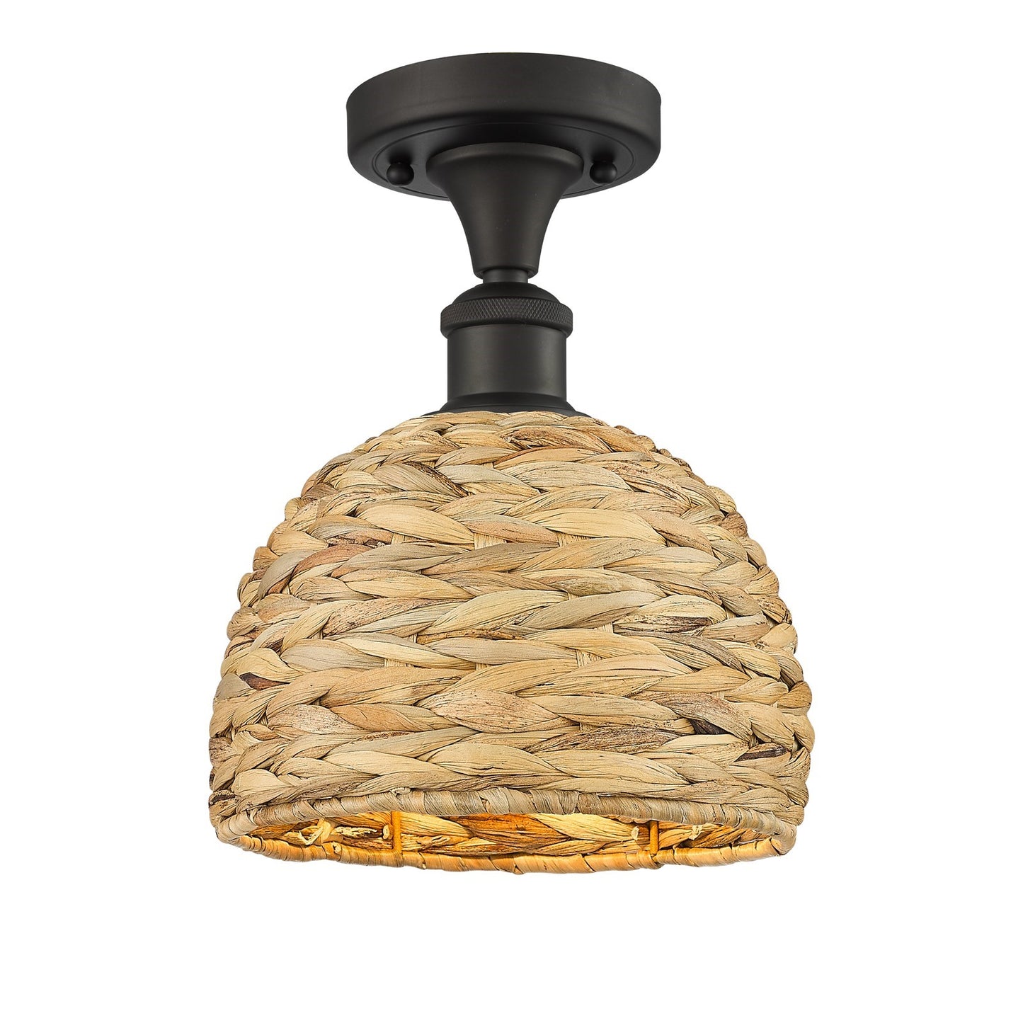 Innovations Woven Rattan 8in 1-Light Semi-Flush Mount | Rustic Oil Rubbed Bronze and Natural Woven Rattan | Damp-Rated | Model 616-1F-OB-RBD-8-NAT