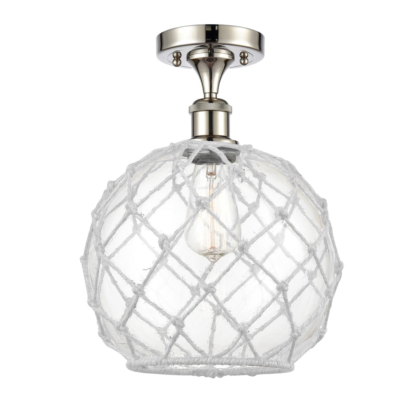 Innovations Farmhouse Rope 10in 1-Light Semi-Flush Mount | Industrial Polished Nickel and Clear Glass with White Rope Shade | Model 616-1F-PN-G122-10RW