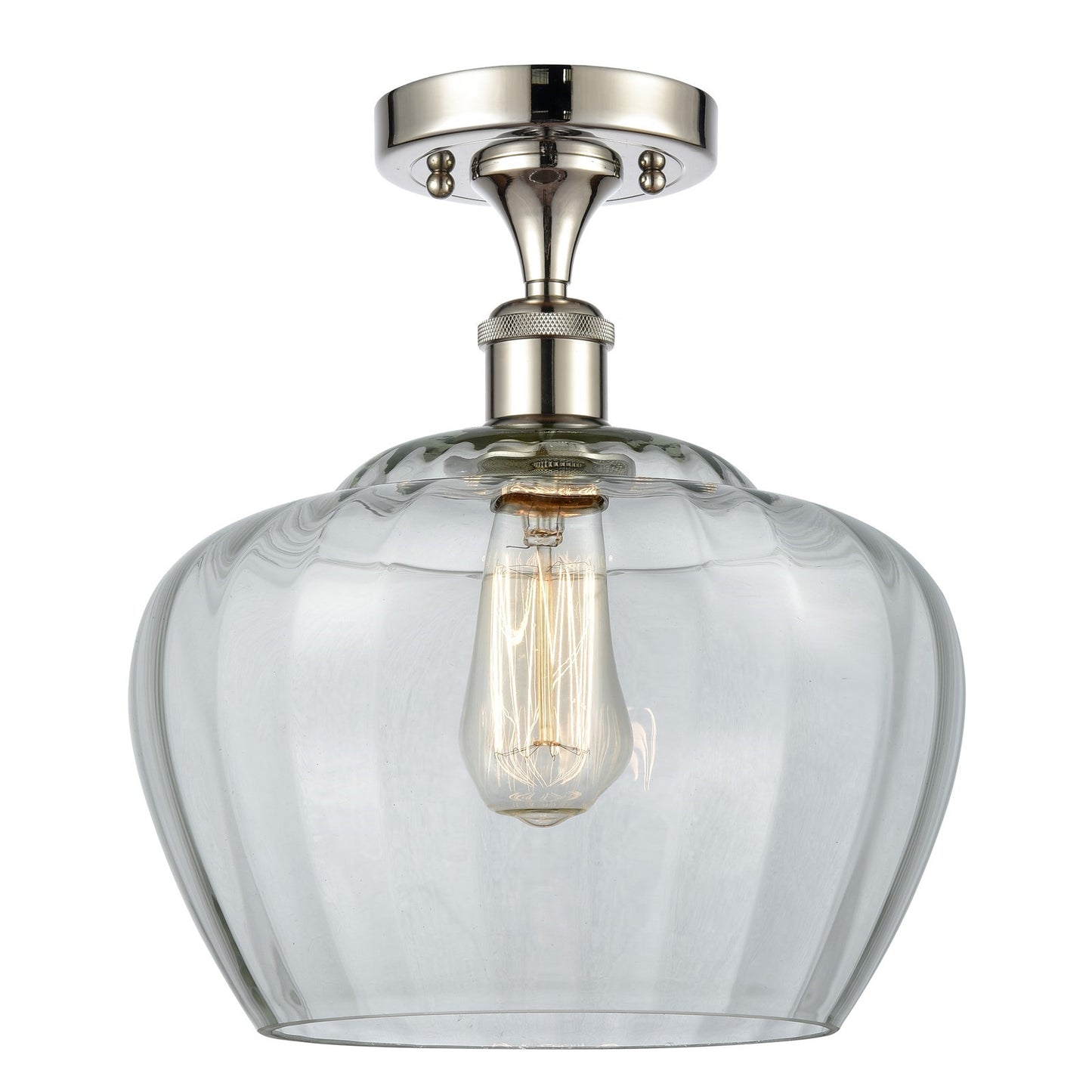 Innovations Fenton 11in 1-Light Semi-Flush Mount | Industrial Polished Nickel Steel and Clear Ribbed Glass | Kitchen & Hallway | Model 616-1F-PN-G92-L