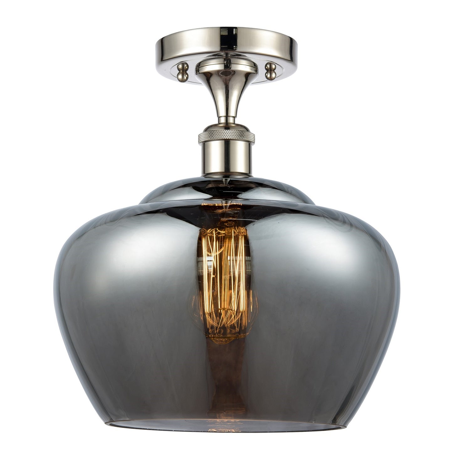 Innovations Fenton 11in 1-Light Semi-Flush Mount | Industrial Polished Nickel and Light Smoke Ribbed Glass | Entryway & Hallway | Model 616-1F-PN-G93-L