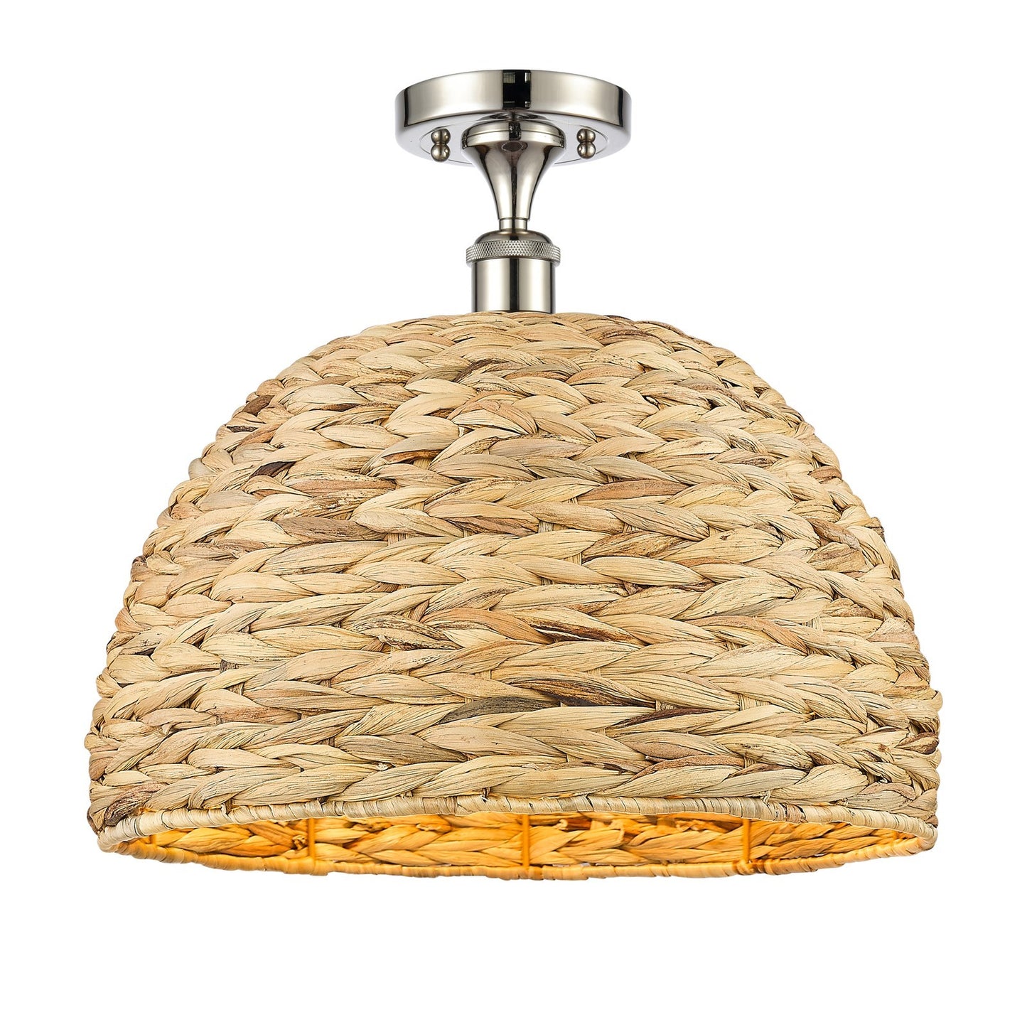 Innovations Woven Rattan 16in 1-Light Semi-Flush Mount | Industrial Polished Nickel and Natural Fiber Dome Shade | Damp-Rated | Model 616-1F-PN-RBD-16-NAT