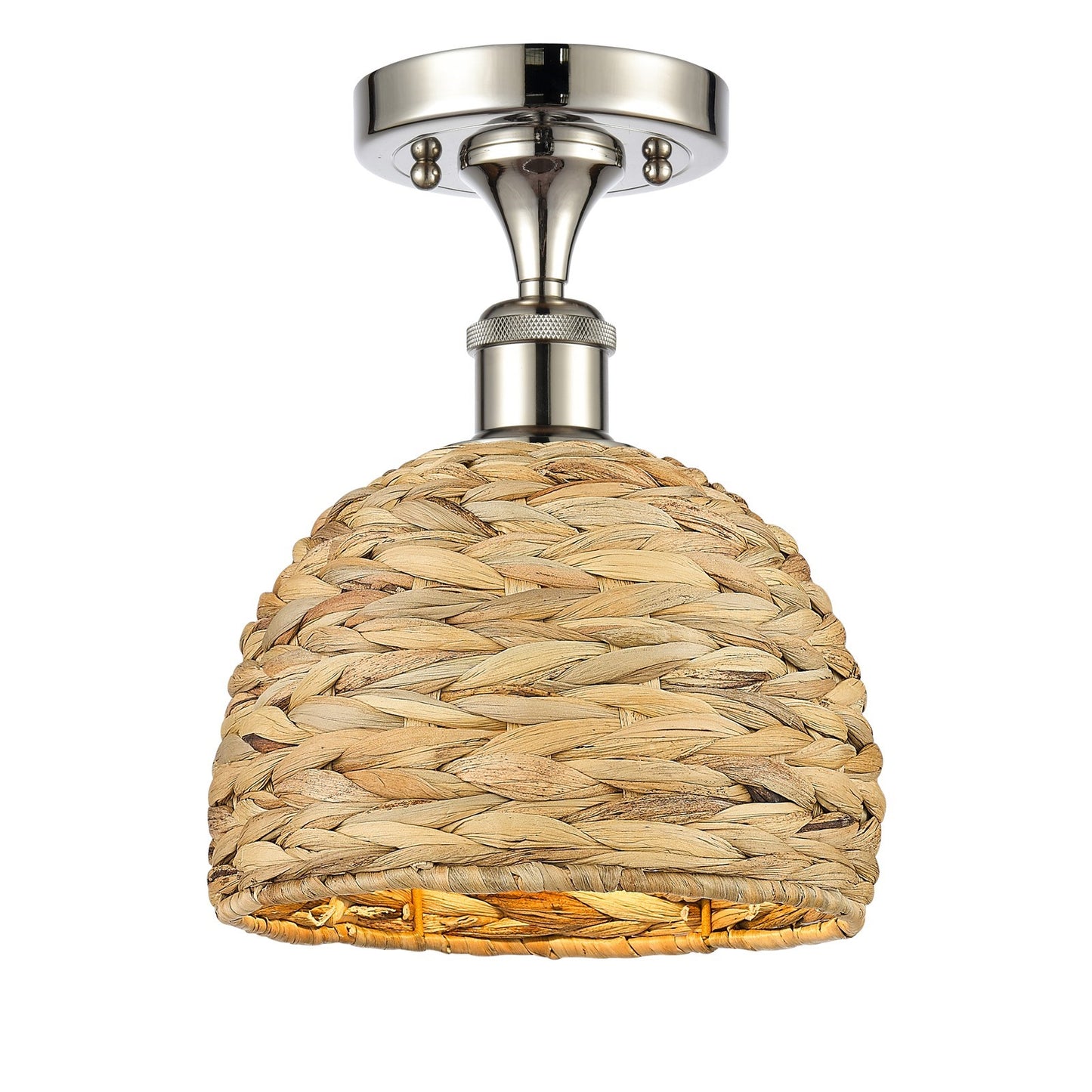 Innovations Woven Rattan 8in 1-Light Semi-Flush Mount | Rustic Polished Nickel Steel and Natural Woven Rattan | Entryway & | Model 616-1F-PN-RBD-8-NAT