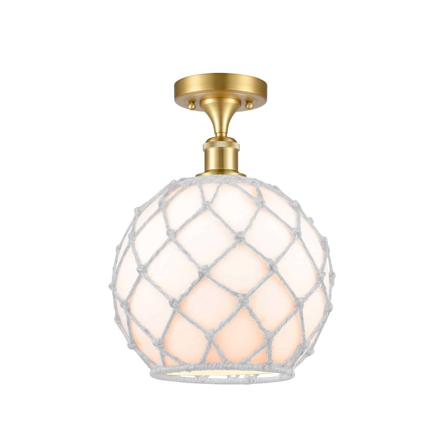 Innovations Farmhouse Rope 10in 1-Light Semi-Flush | Industrial Satin Gold Steel and White Glass with Rope Shade | Damp-Rated | Model 616-1F-SG-G121-10RW