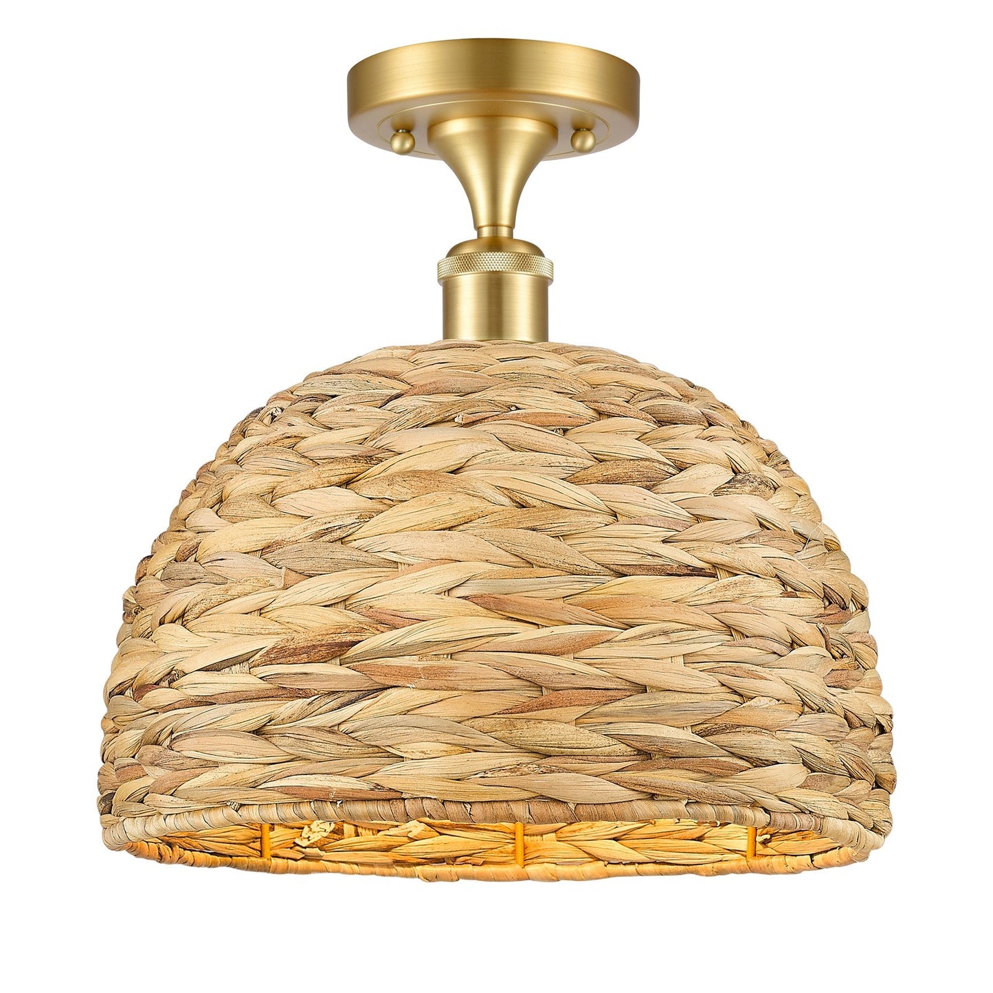 Innovations Woven Rattan 12in 1-Light Semi-Flush Mount | Industrial Satin Gold Steel and Natural Fiber Shade | Damp Rated | Model 616-1F-SG-RBD-12-NAT