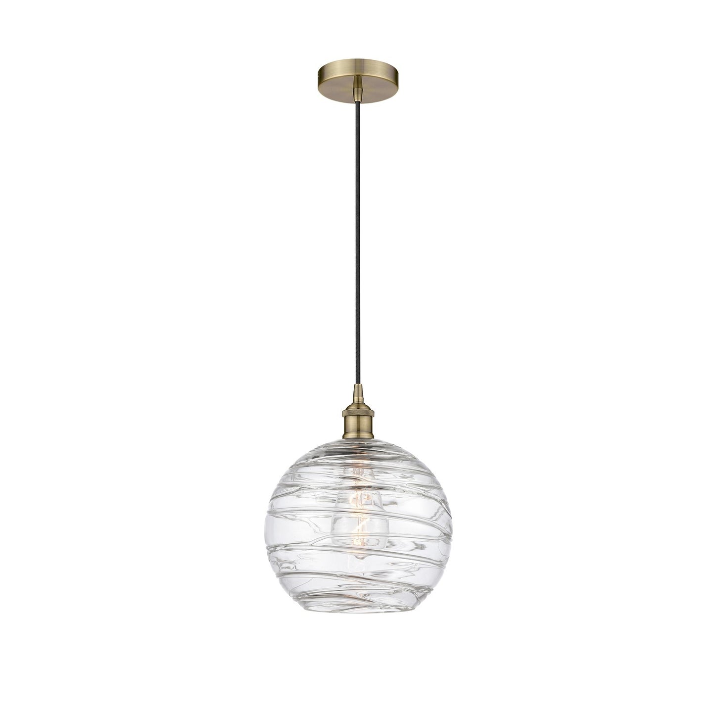 Innovations Athens Deco Swirl 10in 1-Light Mini Pendant | Industrial Antique Brass Steel and Clear Deco Swirl Glass | Kitchen | Model 616-1P-AB-G1213-10CL