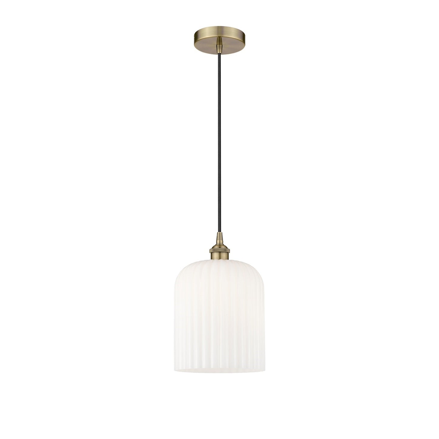 Innovations Bridal Veil 5in 1-Light Mini Pendant | Art Nouveau Antique Brass and Gloss White Ribbed Glass | Kitchen Island & | Model 616-1P-AB-G559-8GWH