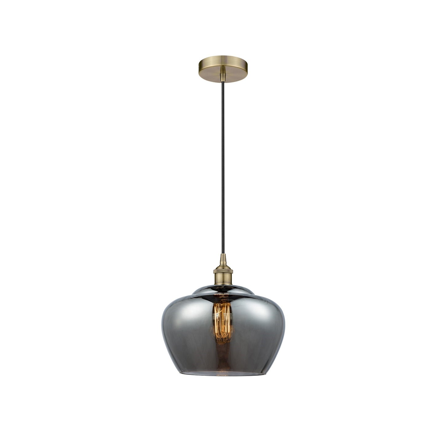 Innovations Fenton 11in 1-Light Mini Pendant | Industrial Antique Brass Steel and Light Smoke Ribbed Glass | Kitchen Island & | Model 616-1P-AB-G93-L-LED