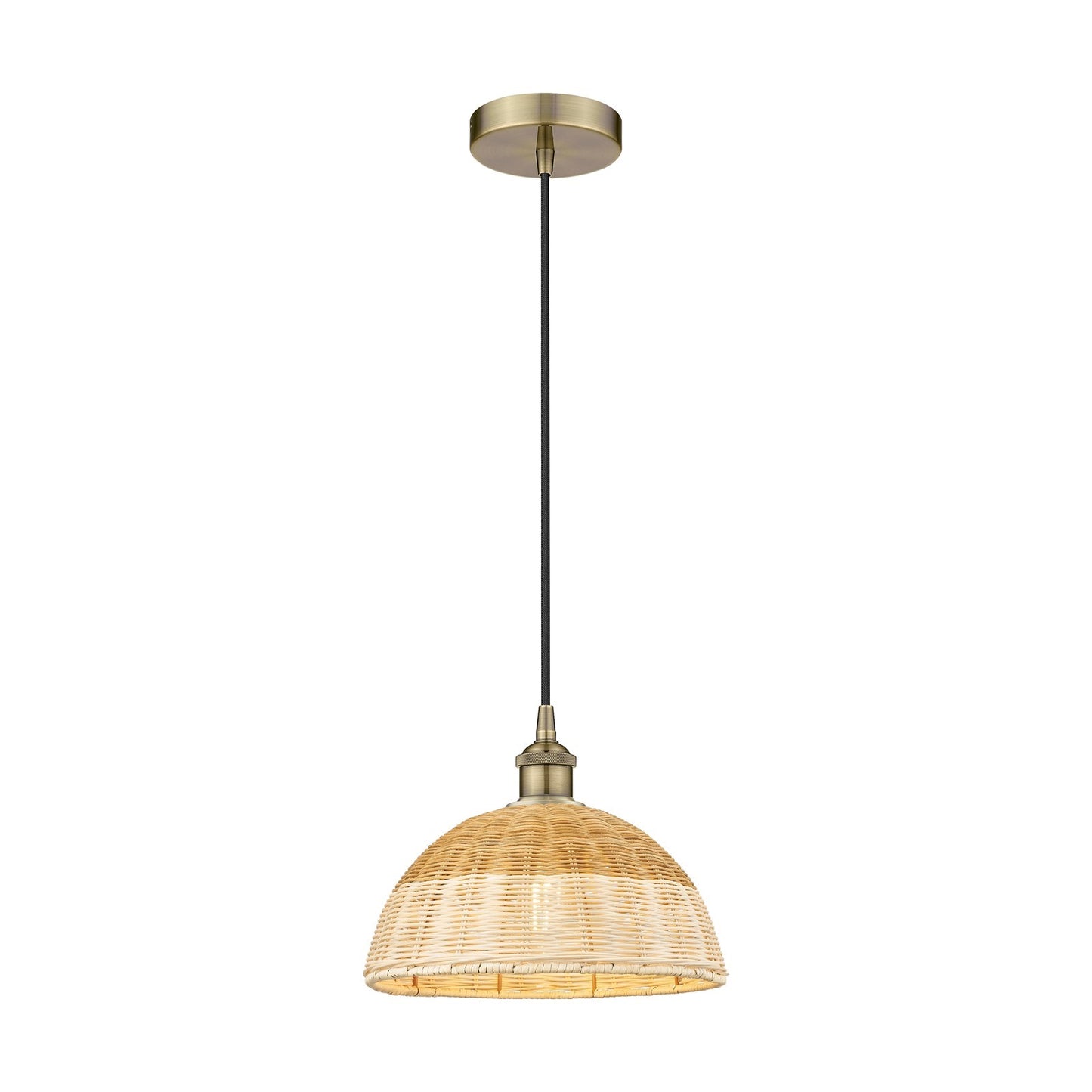 Innovations Natural Ballston Dome 12in 1-Light Mini Pendant | Farmhouse Antique Brass and Natural Fiber Basketweave | Model 616-1P-AB-NBD2-12-NAT