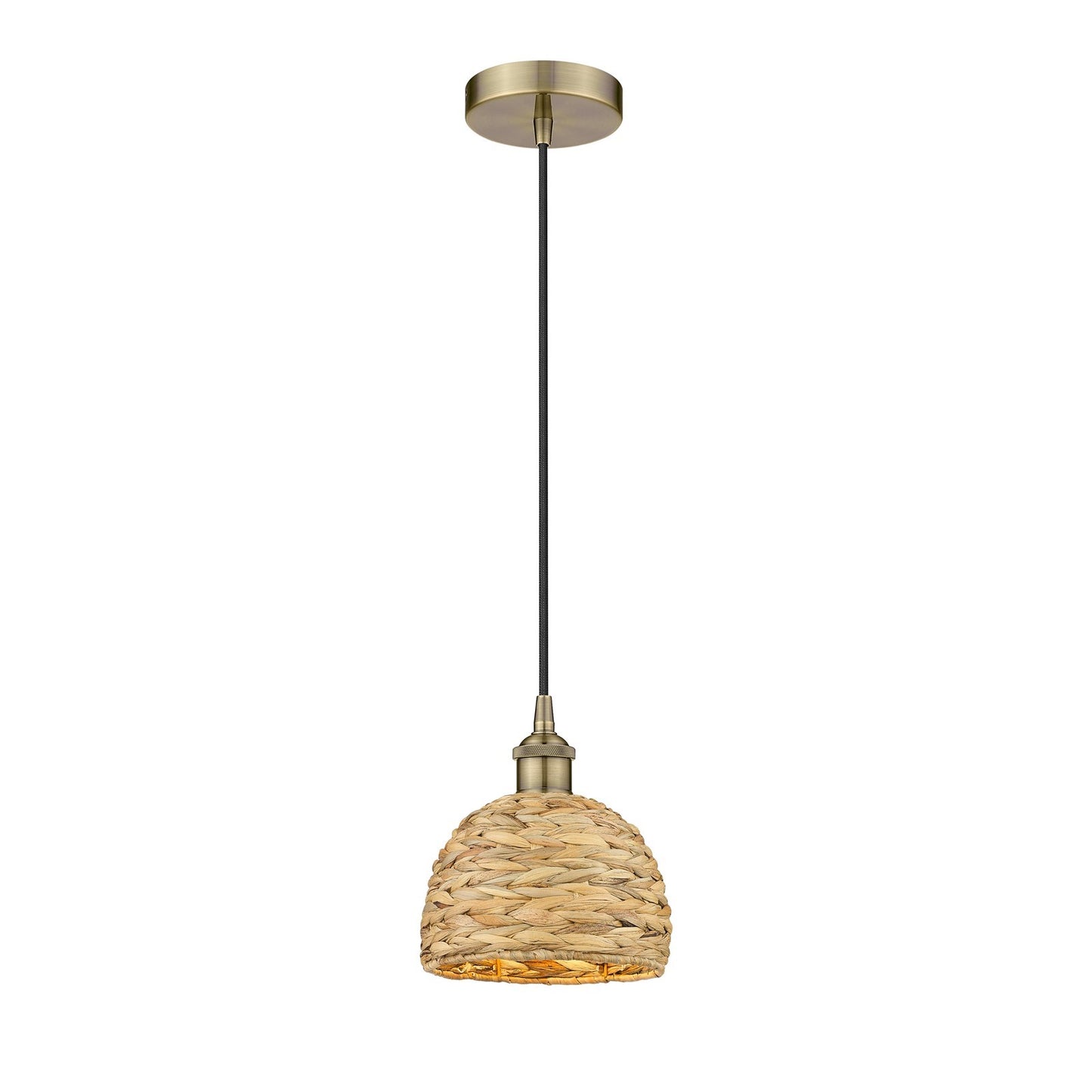 Innovations Woven Rattan 8in 1-Light Mini Pendant | Rustic Farmhouse Antique Brass Steel and Natural Woven Rattan Shade | Model 616-1P-AB-RBD-8-NAT
