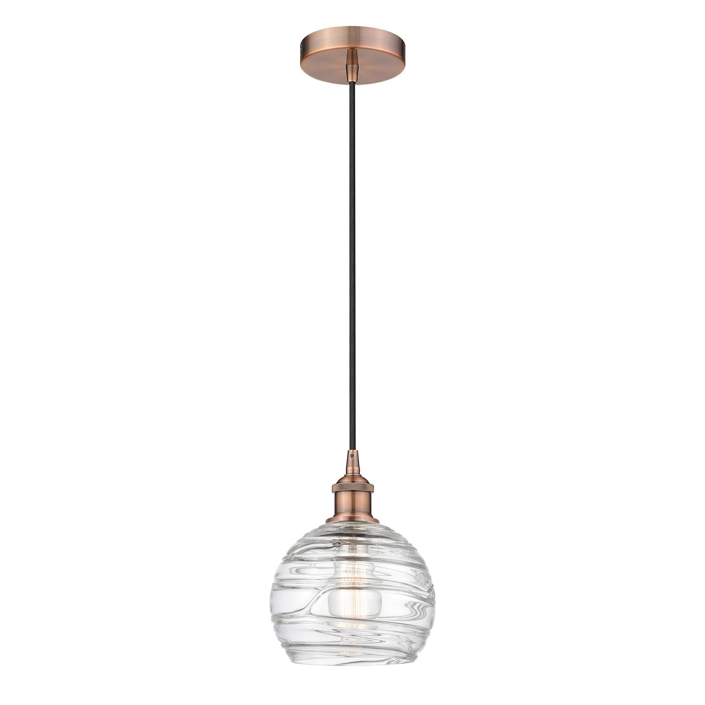 Innovations Athens Deco Swirl 8in 1-Light Mini Pendant | Industrial Antique Copper Steel and Clear Deco Swirl Glass | Kitchen | Model 616-1P-AC-G1213-8CL