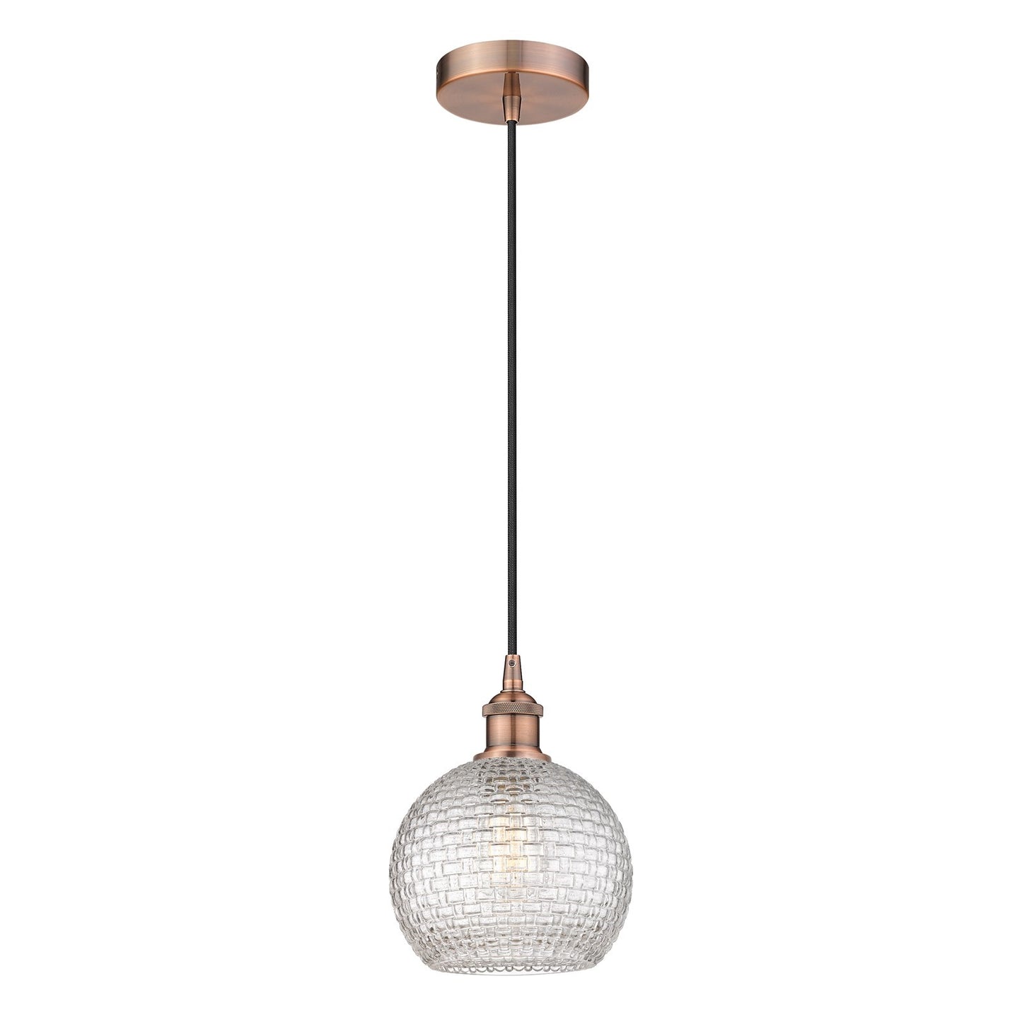 Innovations Athens 8in 1-Light Mini Pendant | Modern Farmhouse Antique Copper and Clear Basket Weave Glass | Kitchen Island & | Model 616-1P-AC-G122C-8CL