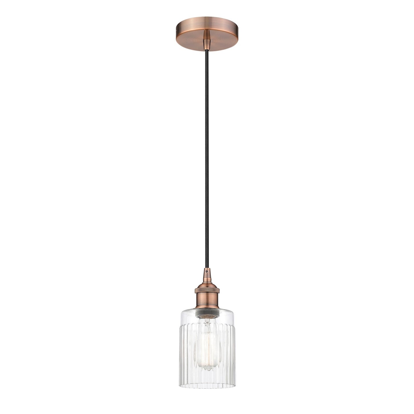 Innovations Hadley 4.5in 1-Light Mini Pendant | Art Nouveau Antique Copper Steel and Clear Ribbed Glass | Kitchen Island & | Model 616-1P-AC-G342-LED