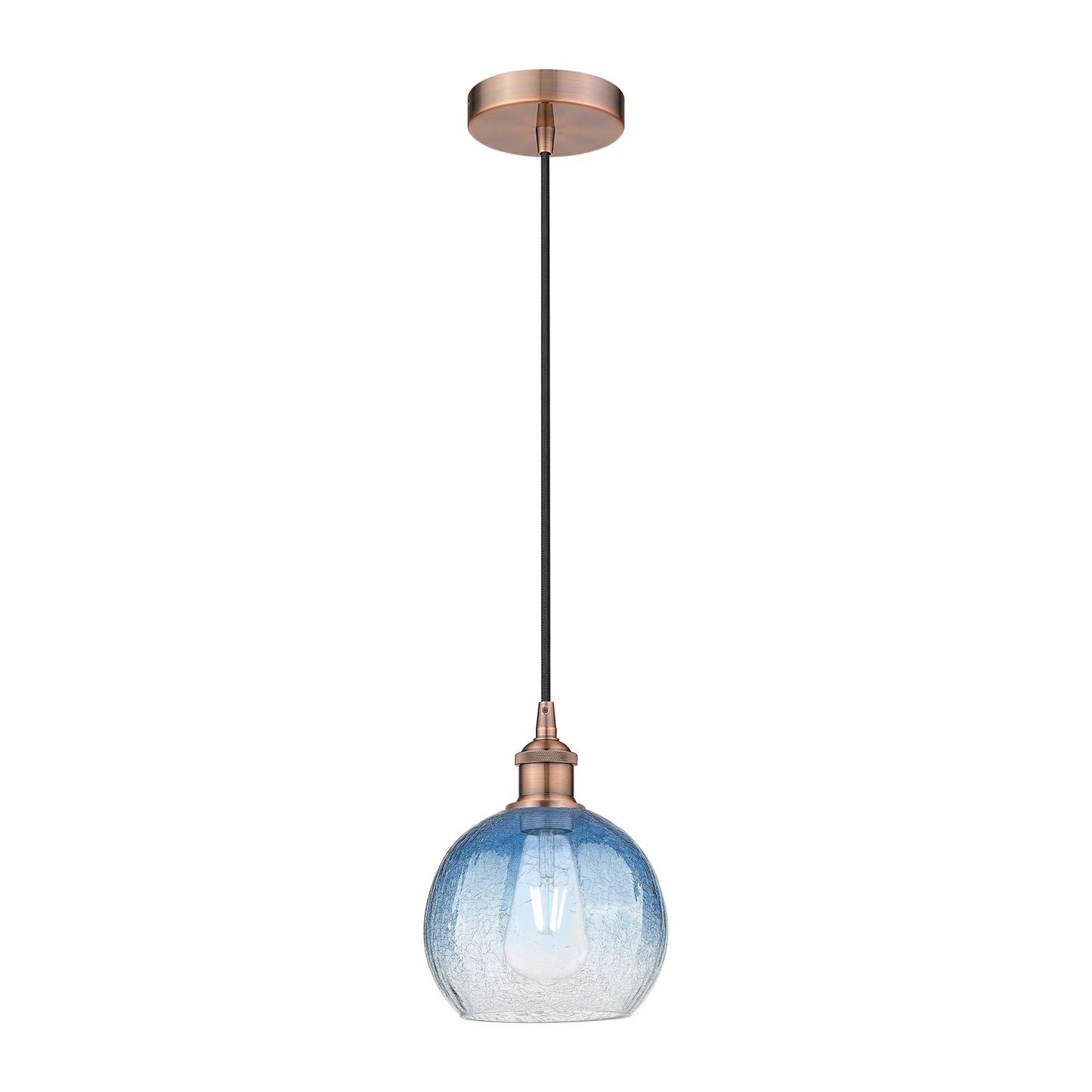 Innovations Brookhaven Globe 8in 1-Light Mini Pendant | Industrial Antique Copper and Sapphire Blue Glass | Kitchen Island & | Model 616-1P-AC-G483-8SB