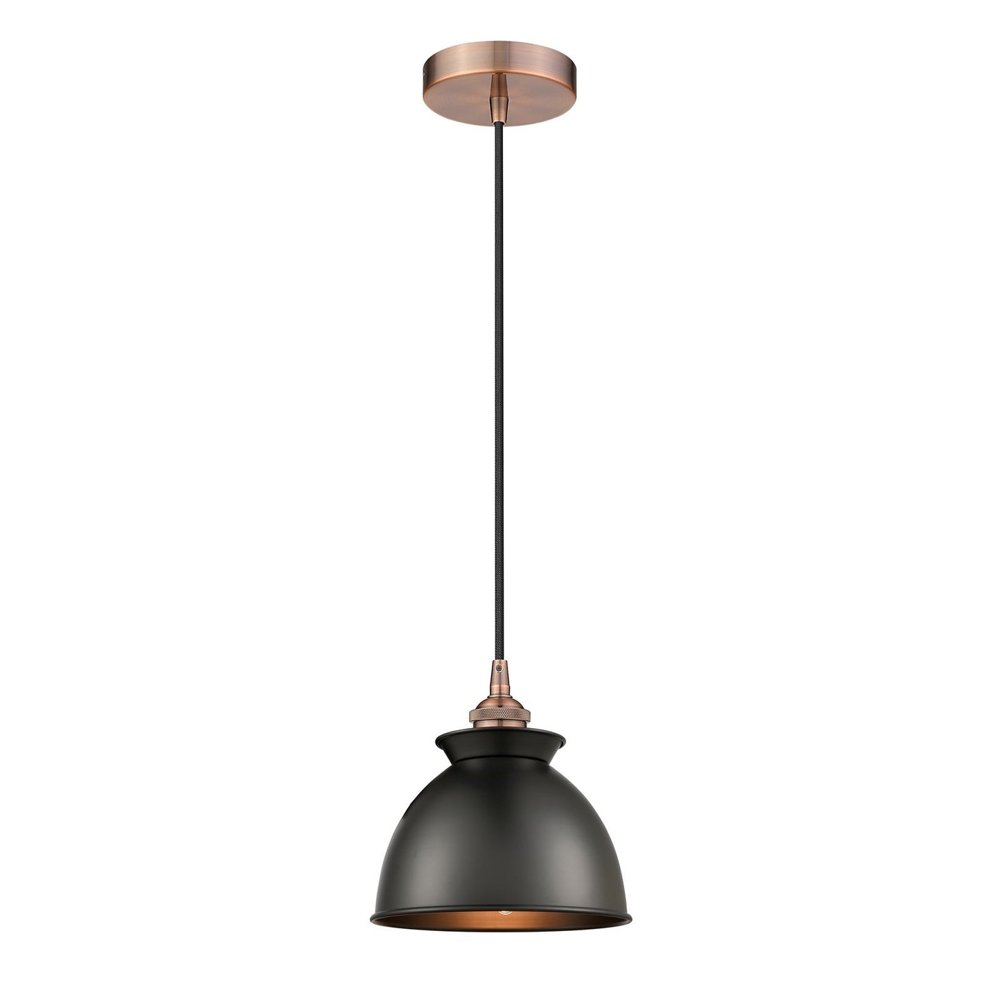 Innovations Adirondack 8.25in 1-Light Mini Pendant | Industrial Antique Copper Steel and Matte Black Metal Shade | Kitchen Island | Model 616-1P-AC-M14-BK