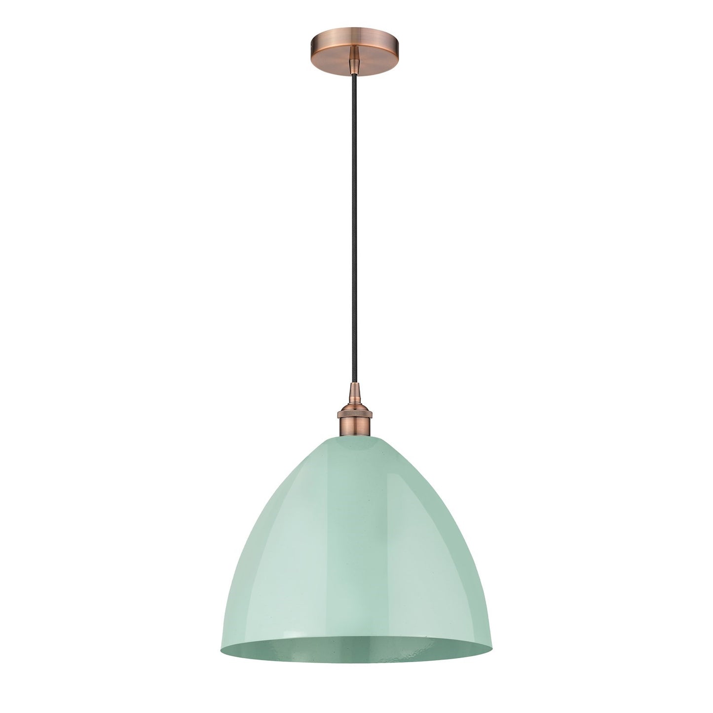 Innovations Plymouth 16in 1-Light Mini Pendant | Industrial Farmhouse Antique Copper Steel and Seafoam Metal Shade | Model 616-1P-AC-MBD-16-SF-LED