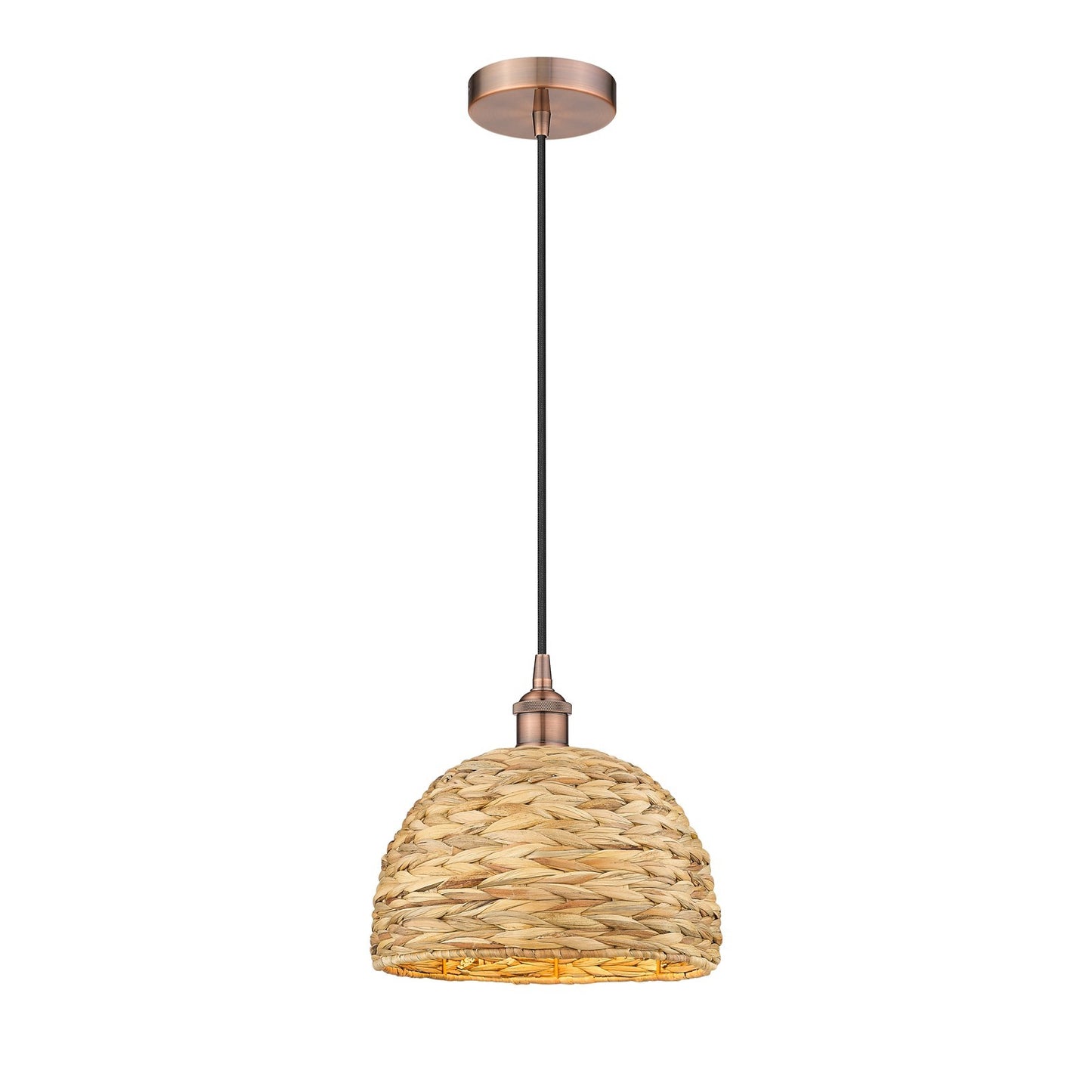 Innovations Woven Rattan 12in 1-Light Mini Pendant | Industrial Antique Copper Steel and Natural Fiber Dome Shade | Kitchen | Model 616-1P-AC-RBD-12-NAT