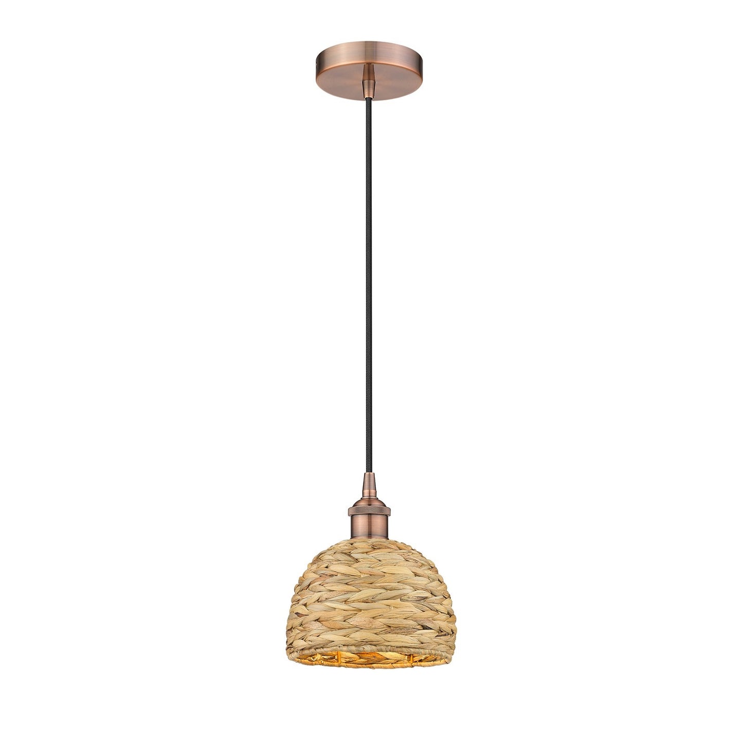 Innovations Woven Rattan 8in 1-Light Mini Pendant | Rustic Antique Copper Steel and Natural Woven Rattan Shade | Kitchen | Model 616-1P-AC-RBD-8-NAT