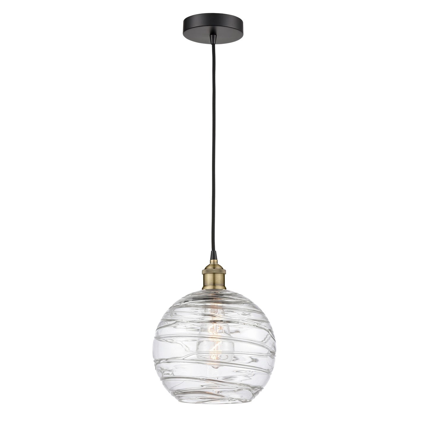 Innovations Athens Deco Swirl 10in 1-Light Mini Pendant | Industrial Black Antique Brass Steel and Clear Deco Swirl Glass | Model 616-1P-BAB-G1213-10CL