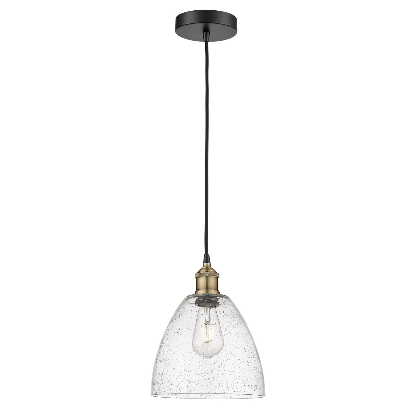 Innovations Bristol 9in 1-Light Mini Pendant | Industrial Black Antique Brass Steel and Seedy Glass | Kitchen Island & | Model 616-1P-BAB-GBD-94-LED