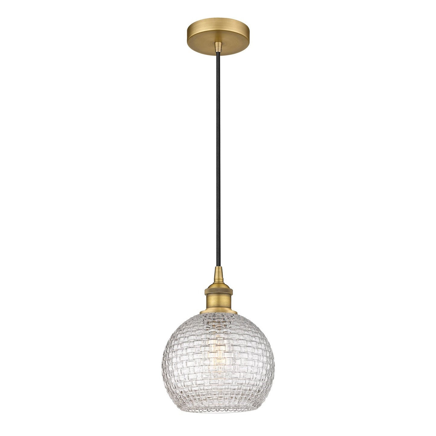 Innovations Athens 8in 1-Light Mini Pendant | Modern Farmhouse Brushed Brass and Clear Basket Weave Glass | Kitchen Island & | Model 616-1P-BB-G122C-8CL