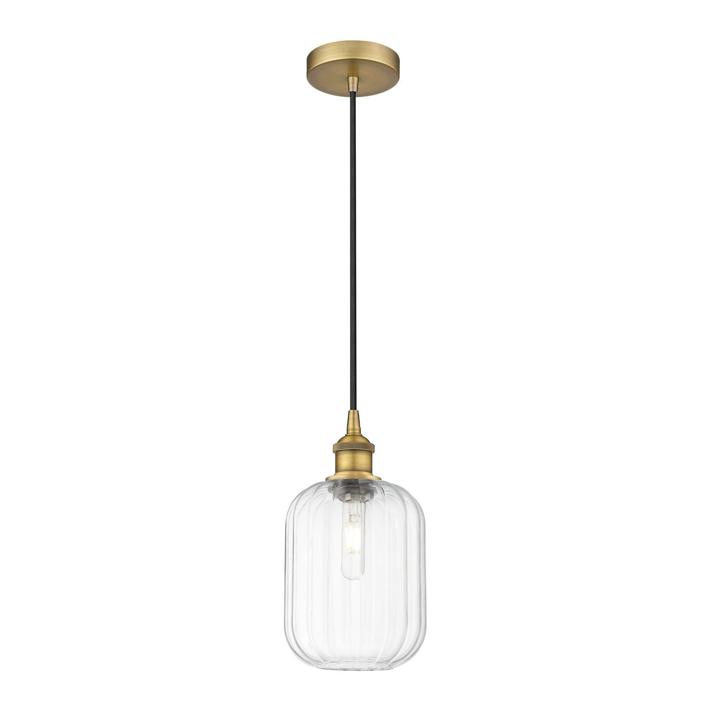 Innovations Preston Cylinder 7in 1-Light Mini Pendant | Industrial Brushed Brass Steel and Clear Glass | Kitchen Island & | Model 616-1P-BB-G460-7CL