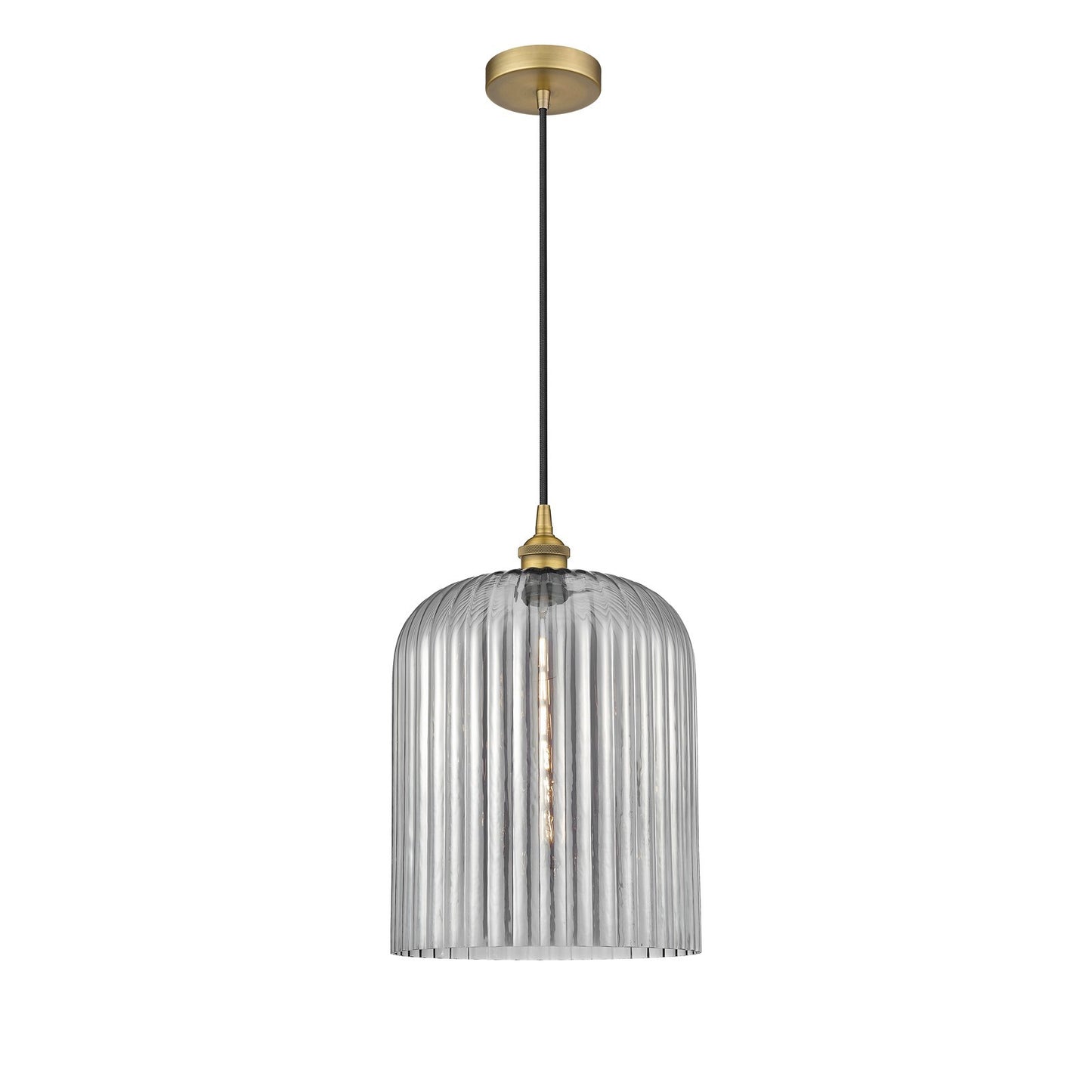 Innovations Bridal Veil 5in 1-Light Mini Pendant | Art Nouveau Brushed Brass and Light Smoke Ribbed Glass | Kitchen Island & | Model 616-1P-BB-G559-12SM