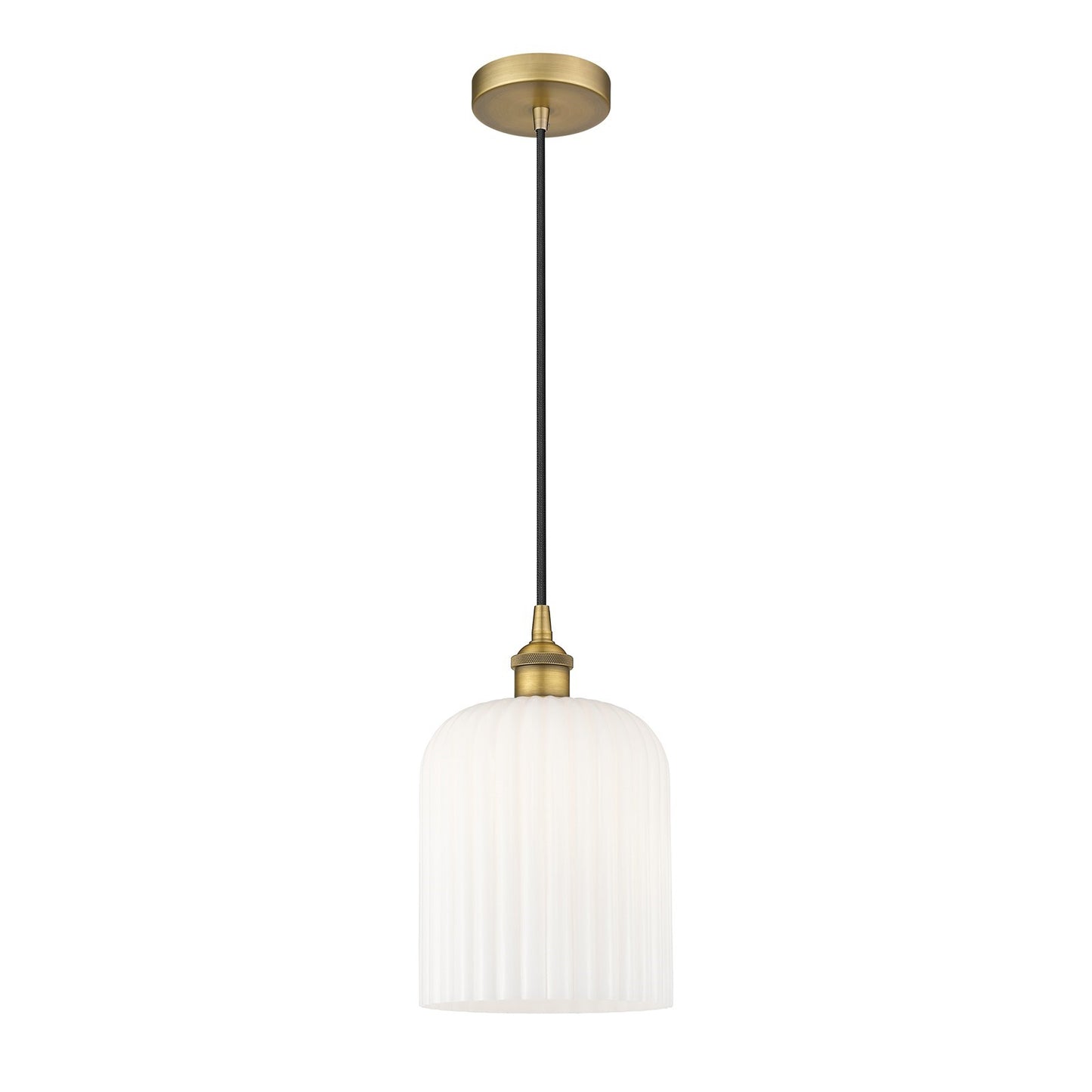 Innovations Bridal Veil 5in 1-Light Mini Pendant | Art Nouveau Brushed Brass and Gloss White Ribbed Glass | Kitchen Island & | Model 616-1P-BB-G559-8GWH