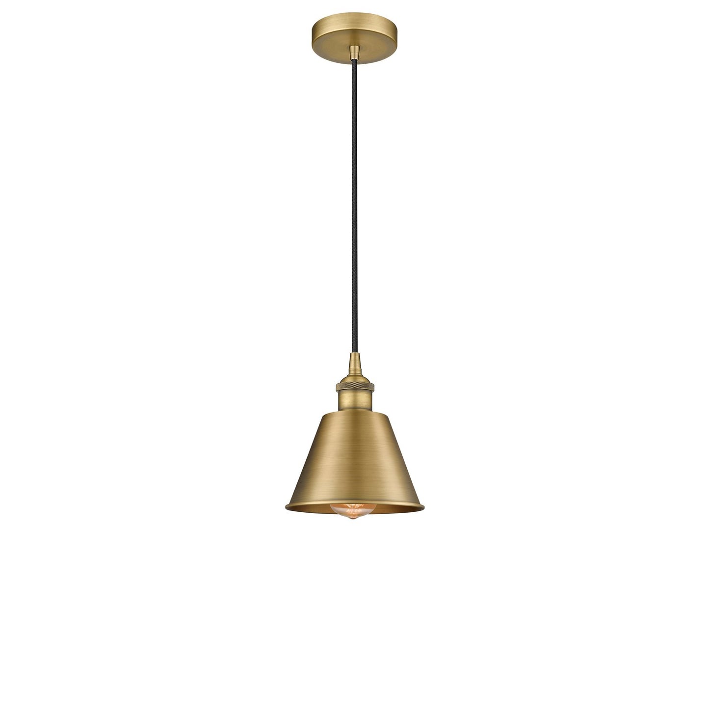 Innovations Smithfield 1-Light 6.5in Mini Pendant | Industrial Farmhouse Brushed Brass Steel and Metal Cone Shade | Kitchen | Model 616-1P-BB-M8-LED