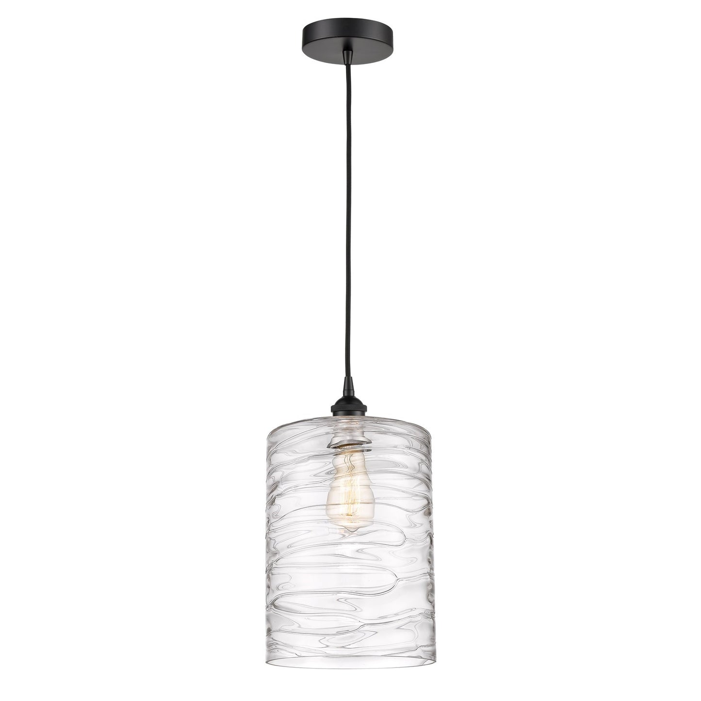 Innovations Cobbleskill 9in 1-Light Mini Pendant | Industrial Matte Black Steel and Deco Swirl Clear Glass | Kitchen Island & | Model 616-1P-BK-G1113-L