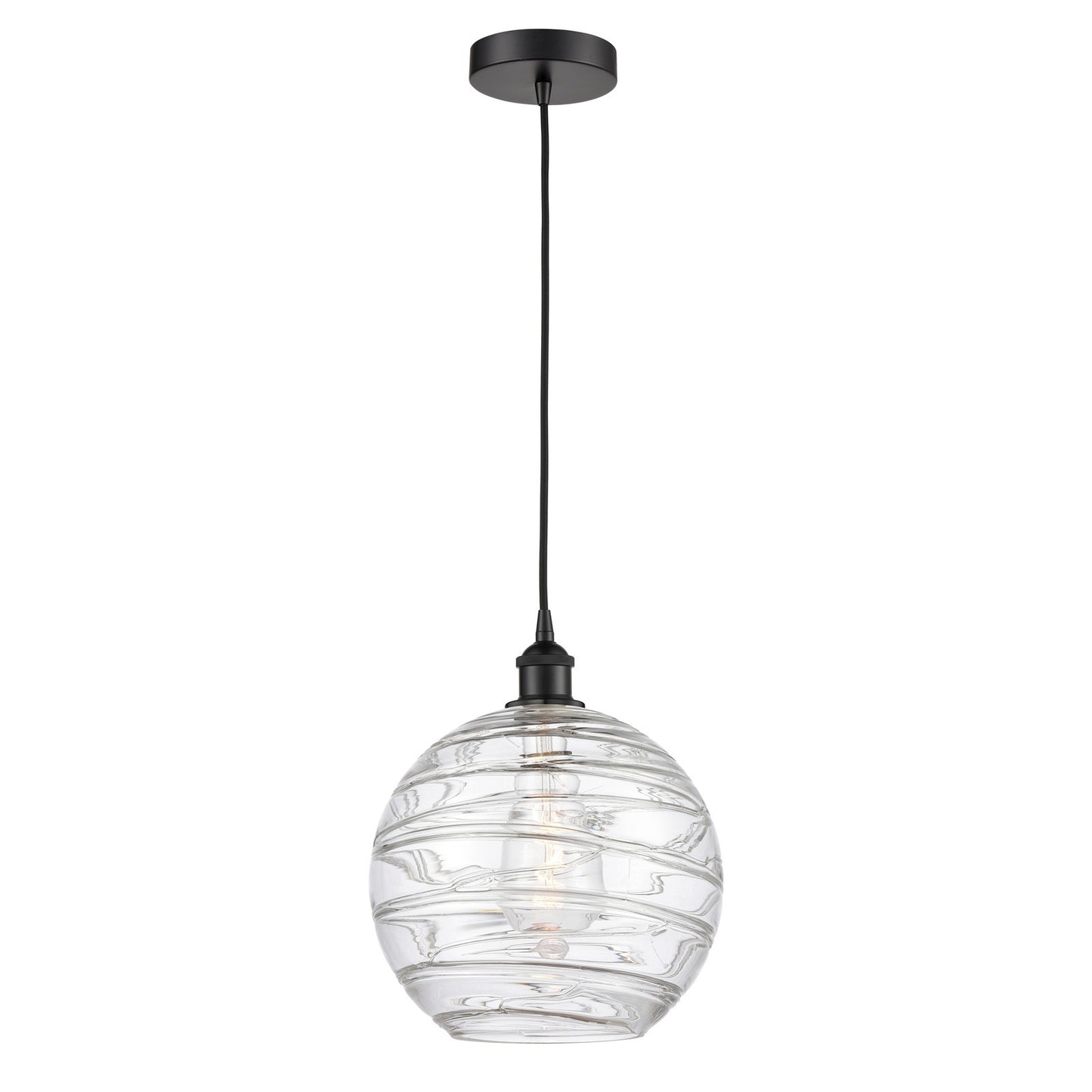 Innovations Athens Deco Swirl 12in 1-Light Mini Pendant | Industrial Matte Black Steel and Clear Deco Swirl Glass | Kitchen | Model 616-1P-BK-G1213-12CL