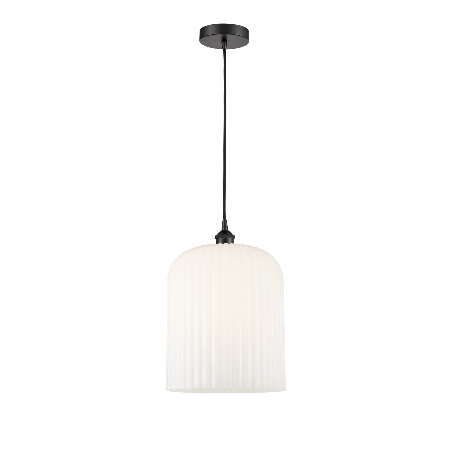 Innovations Bridal Veil 5in 1-Light Mini Pendant | Industrial Matte Black Steel and Gloss White Ribbed Glass | Kitchen Island | Model 616-1P-BK-G559-12GWH