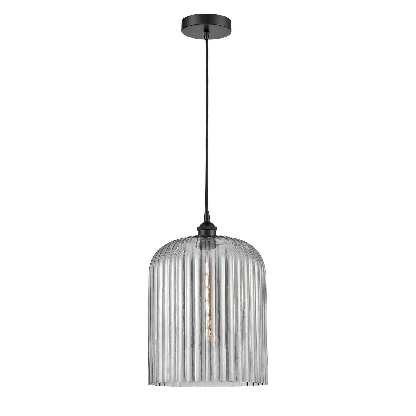 Innovations Bridal Veil 5in 1-Light Mini Pendant | Industrial Matte Black Steel and Light Smoke Ribbed Glass | Kitchen Island | Model 616-1P-BK-G559-12SM