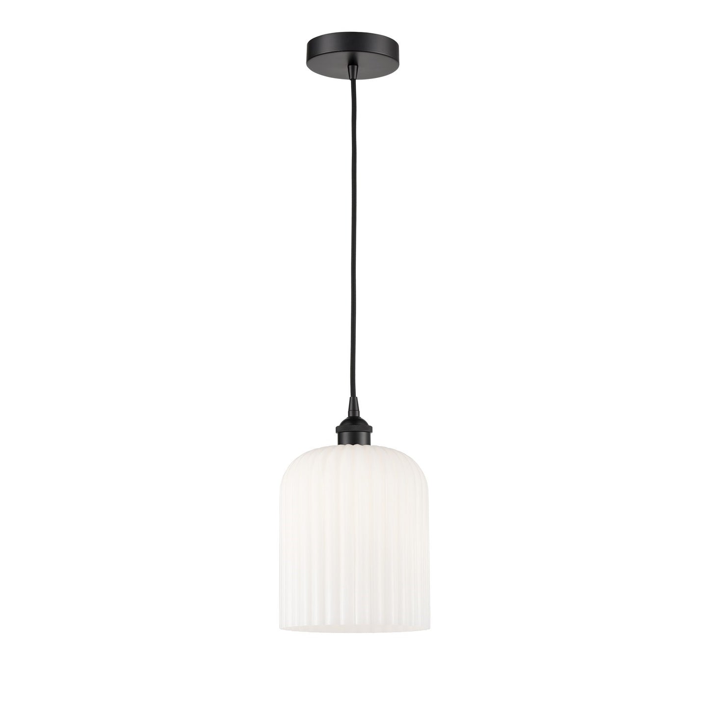 Innovations Bridal Veil 5in 1-Light Mini Pendant | Industrial Matte Black Steel and Gloss White Ribbed Glass | Kitchen Island | Model 616-1P-BK-G559-8GWH