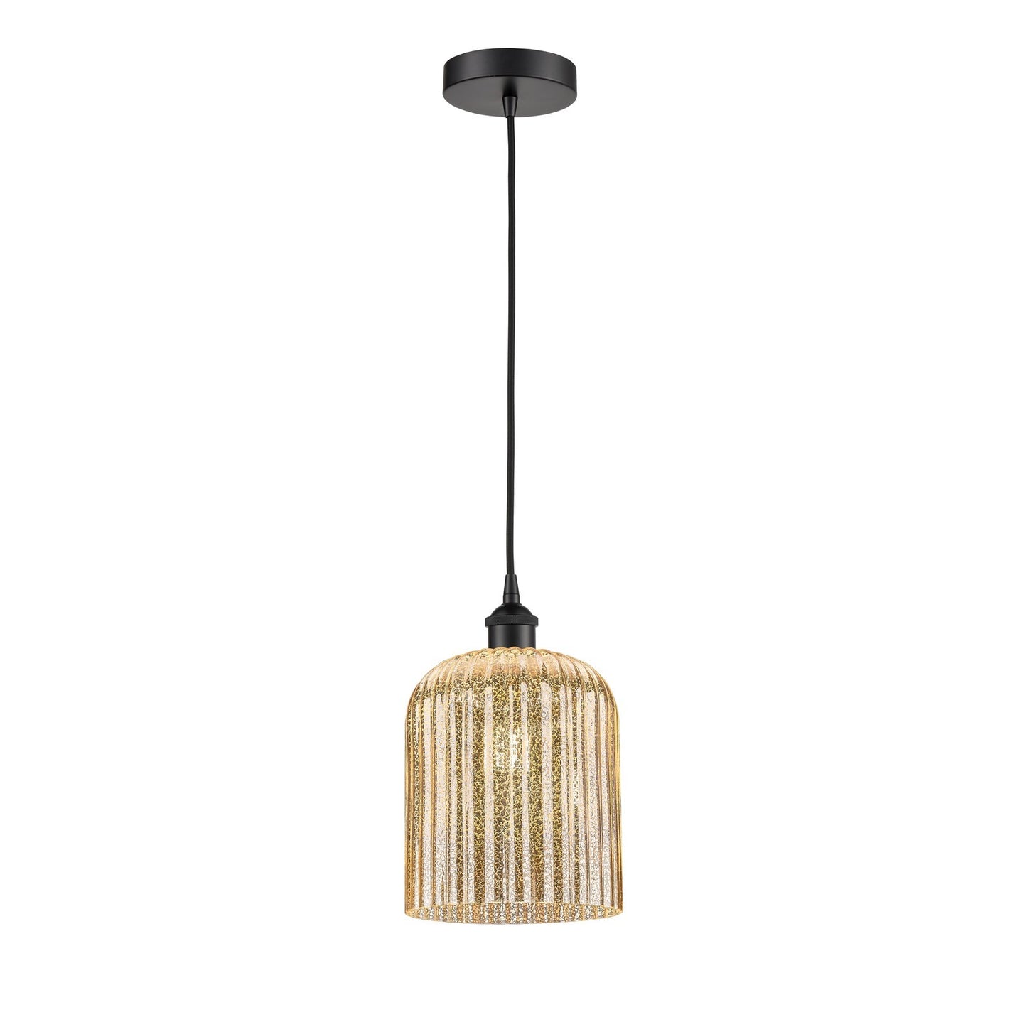 Innovations Bridal Veil 5in 1-Light Mini Pendant | Industrial Matte Black Steel and Mercury Ribbed Glass | Kitchen Island & | Model 616-1P-BK-G559-8ME
