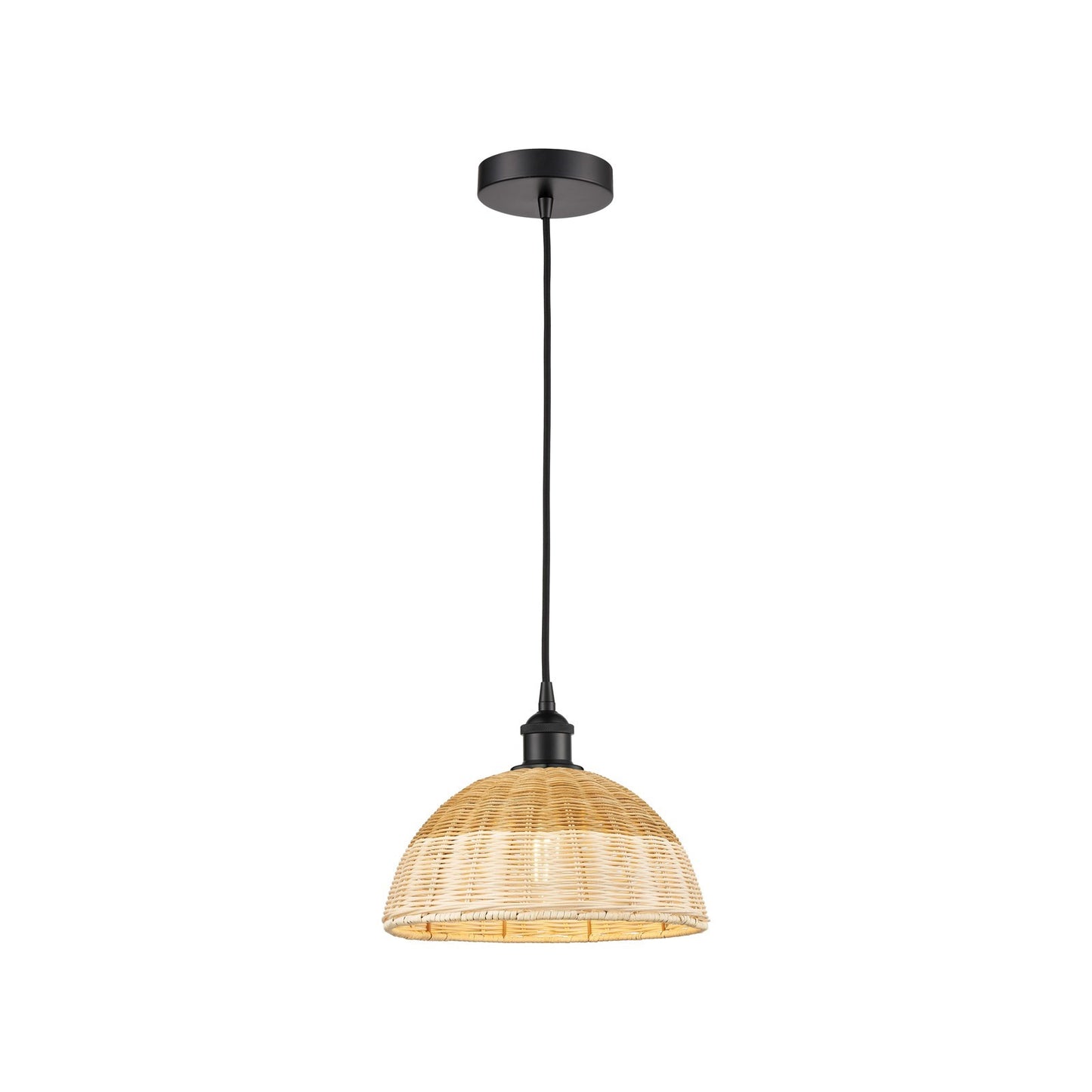 Innovations Natural Ballston Dome 12in 1-Light Mini Pendant | Farmhouse Matte Black Steel and Natural Fiber Dome Shade | Model 616-1P-BK-NBD2-12-NAT