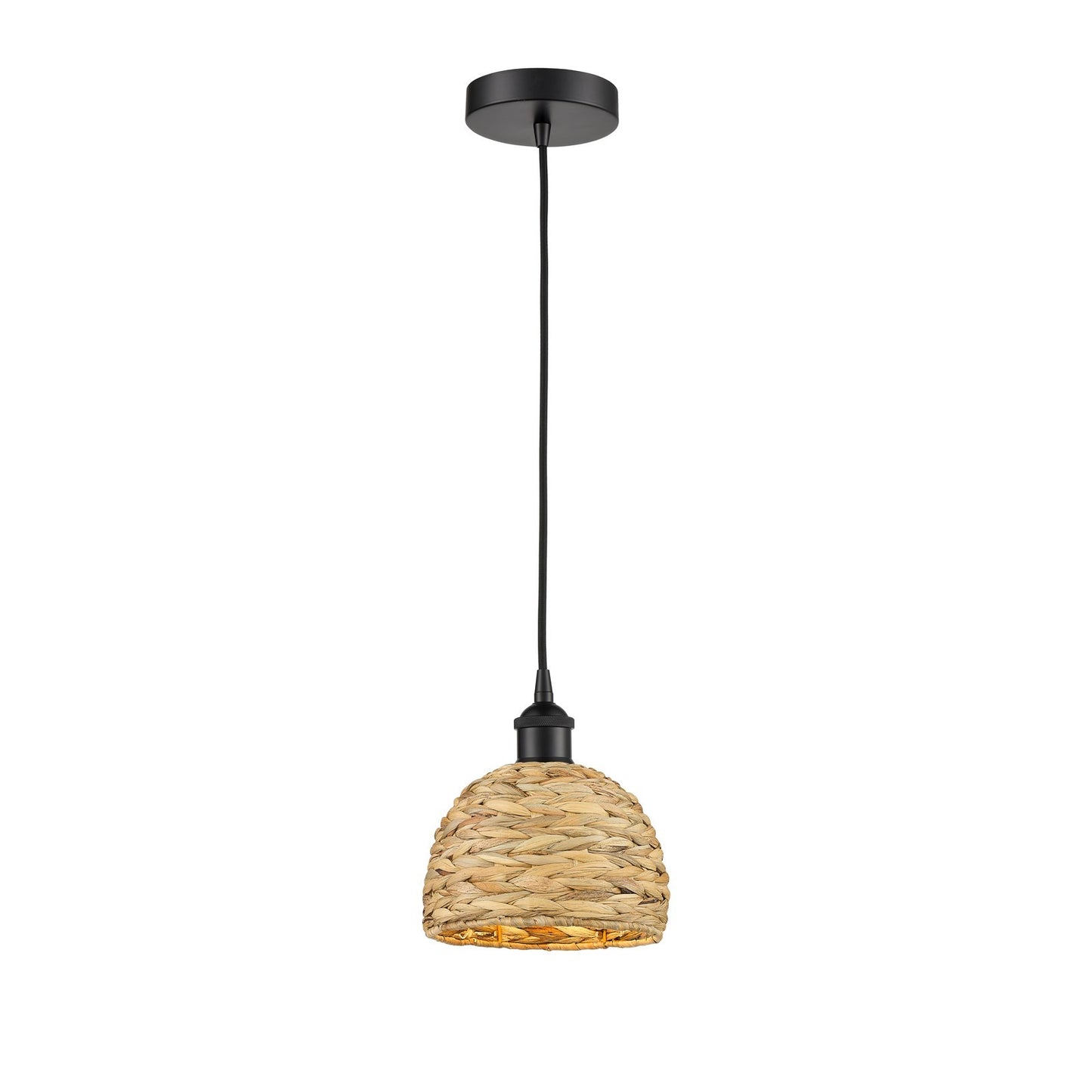 Innovations Woven Rattan 8in 1-Light Mini Pendant | Rustic Farmhouse Matte Black Steel and Natural Woven Rattan Shade | Model 616-1P-BK-RBD-8-NAT