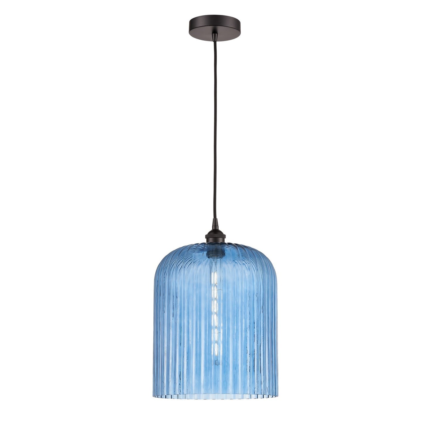 Innovations Bridal Veil 5in 1-Light Mini Pendant | Art Nouveau Oil Rubbed Bronze and Princess Blue Ribbed Glass | Kitchen | Model 616-1P-OB-G559-12BL