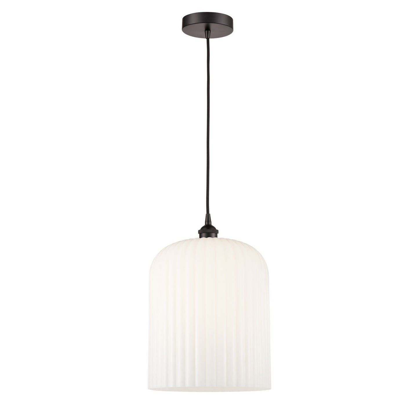 Innovations Bridal Veil 5in 1-Light Mini Pendant | Industrial Oil Rubbed Bronze and Gloss White Ribbed Glass | Kitchen Island | Model 616-1P-OB-G559-12GWH