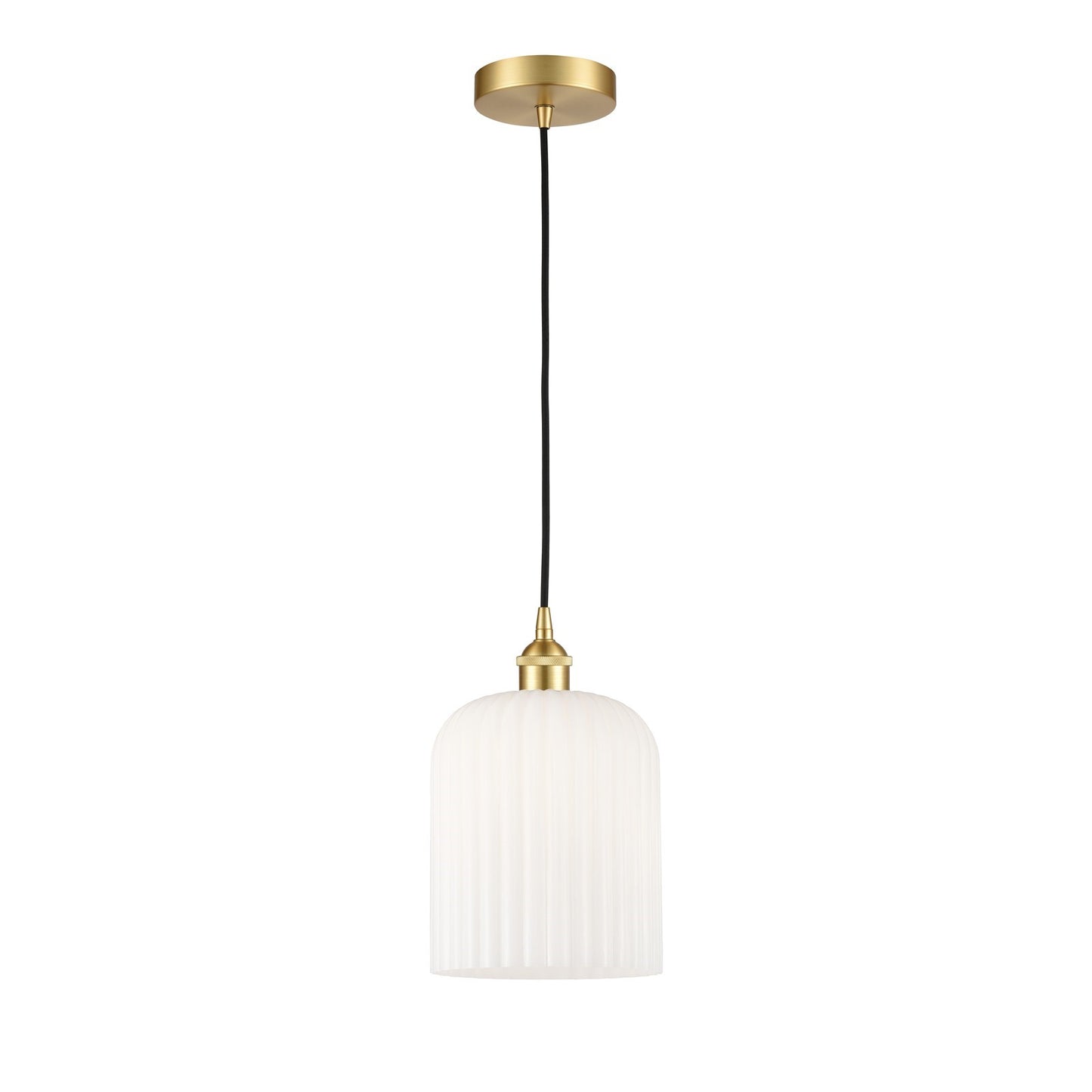 Innovations Bridal Veil 5in 1-Light Mini Pendant | Art Nouveau Satin Gold Steel and Gloss White Ribbed Glass | Kitchen Island | Model 616-1P-SG-G559-8GWH
