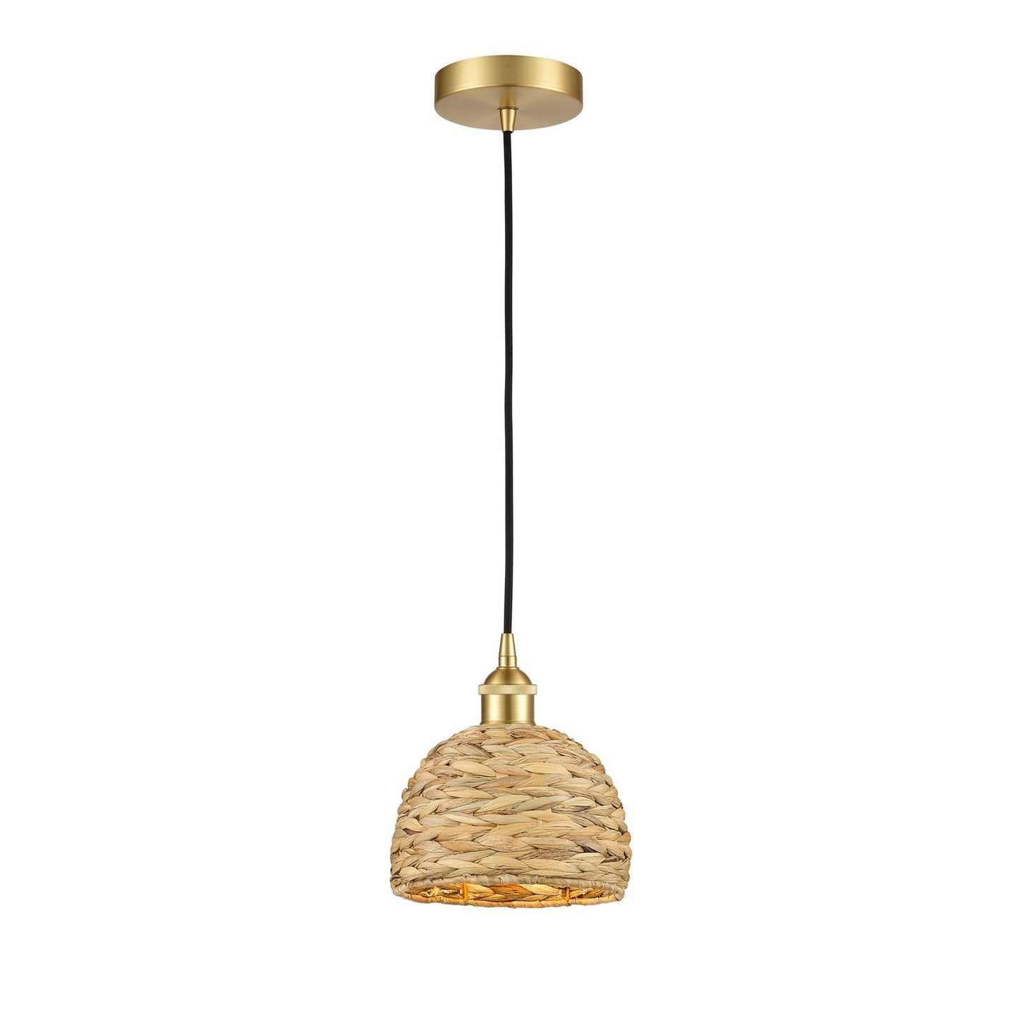 Innovations Woven Rattan 8in 1-Light Mini Pendant | Rustic Farmhouse Satin Gold Steel and Natural Woven Rattan | Kitchen | Model 616-1P-SG-RBD-8-NAT