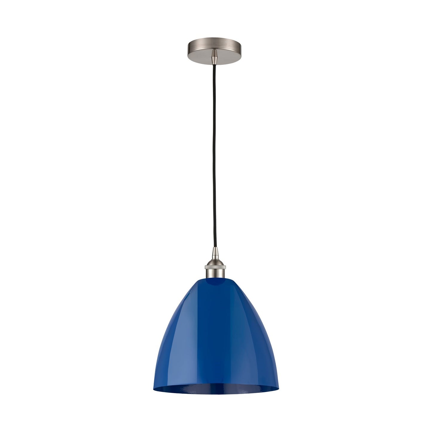 Innovations Plymouth 12in 1-Light Mini Pendant | Industrial Farmhouse Brushed Satin Nickel and Matte Blue Metal | Kitchen | Model 616-1P-SN-MBD-12-BL-LED