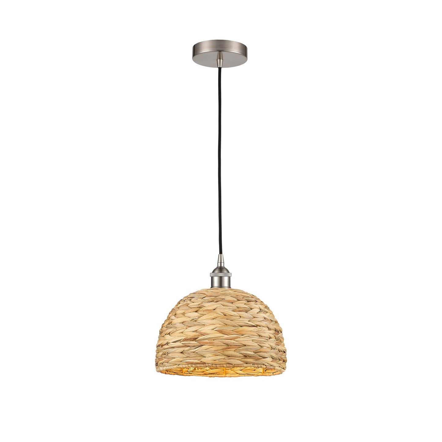 Innovations Woven Rattan 12in 1-Light Mini Pendant | Industrial Brushed Satin Nickel and Natural Fiber Dome Shade | Kitchen | Model 616-1P-SN-RBD-12-NAT