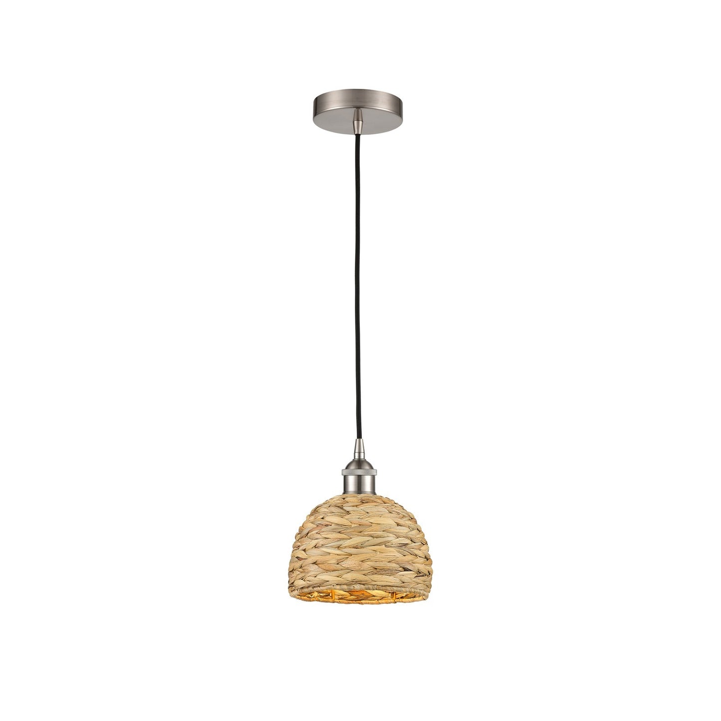 Innovations Woven Rattan 8in 1-Light Mini Pendant | Rustic Farmhouse Satin Nickel and Natural Woven Rattan | Kitchen Island & | Model 616-1P-SN-RBD-8-NAT